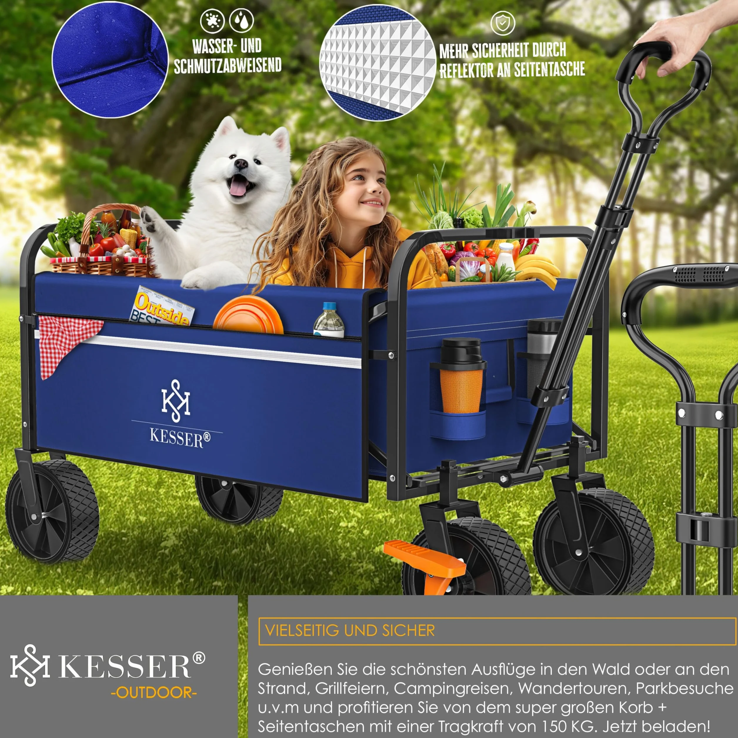 KESSER® Składany wózek ręczny, wózek transportowy, wózek na narzędzia, w zestawie 2 kieszenie z siatki, składany, opony PCW, nośność do 80 kg, przyczepa ogrodowa bez dachu