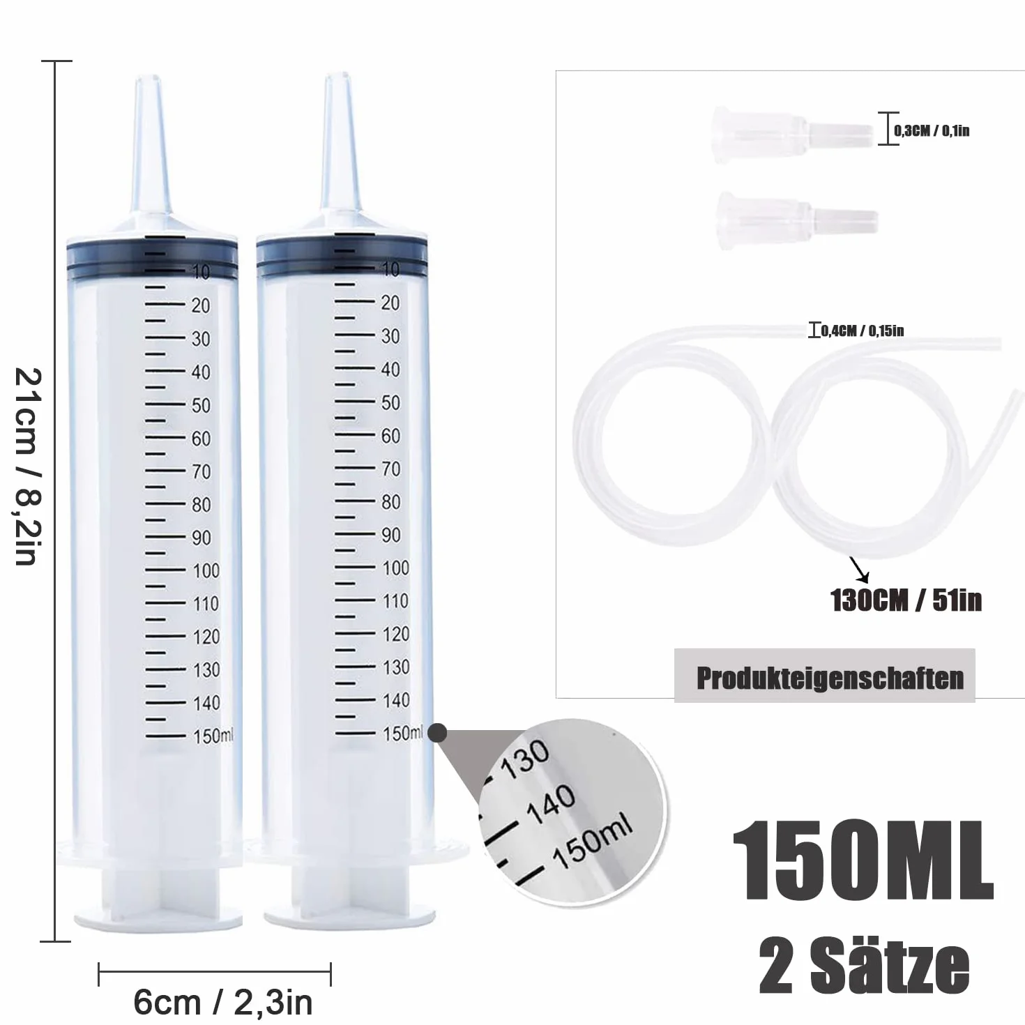 Strzykawka z tworzywa sztucznego, 2 sztuki 150 ml, zestaw strzykawek z wężem do laboratoriów naukowych, fabryk i do codziennego użytku