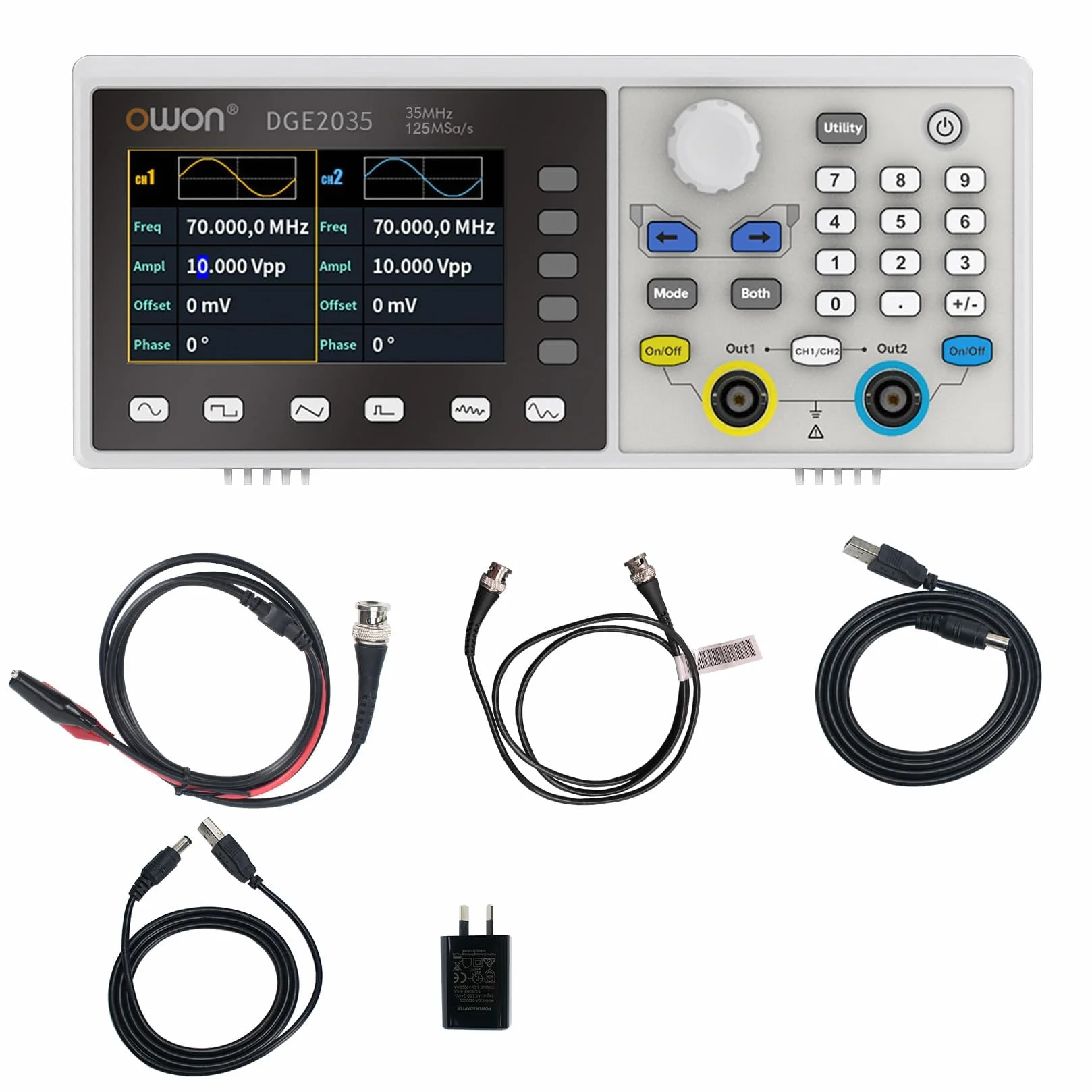 OWON DGE2035 przenośny generator dowolnej fali 35 MHz 125 MSa/s 14-bitowy wyświetlacz LCD 3,6 cala