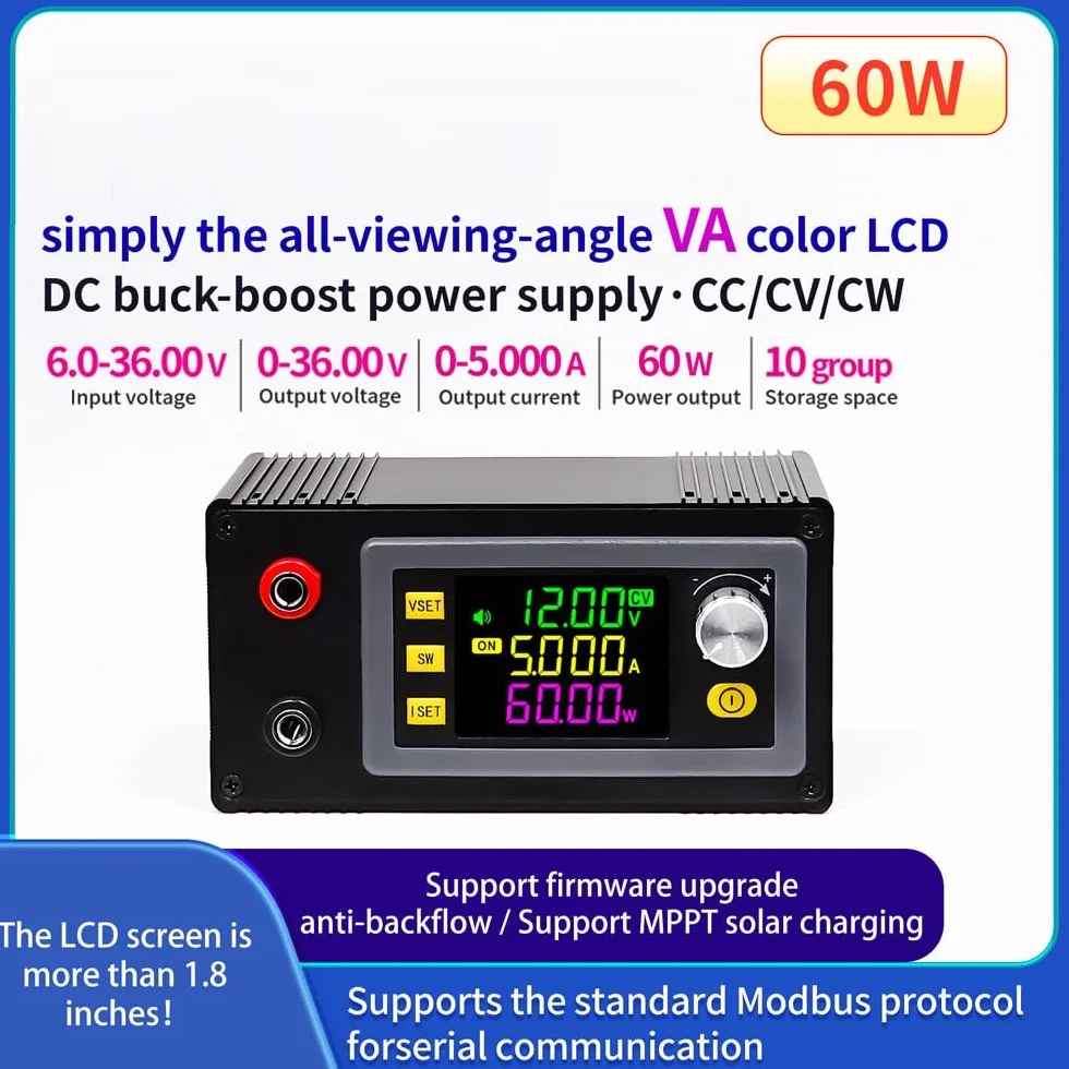 DC regulowany przetwornik Buck-Boost, regulator napięcia DC6-36 V, 60 W, stałe napięcie, moduł ładowania solarnego, wyświetlacz LCD, obudowa z obszernym interfejsem