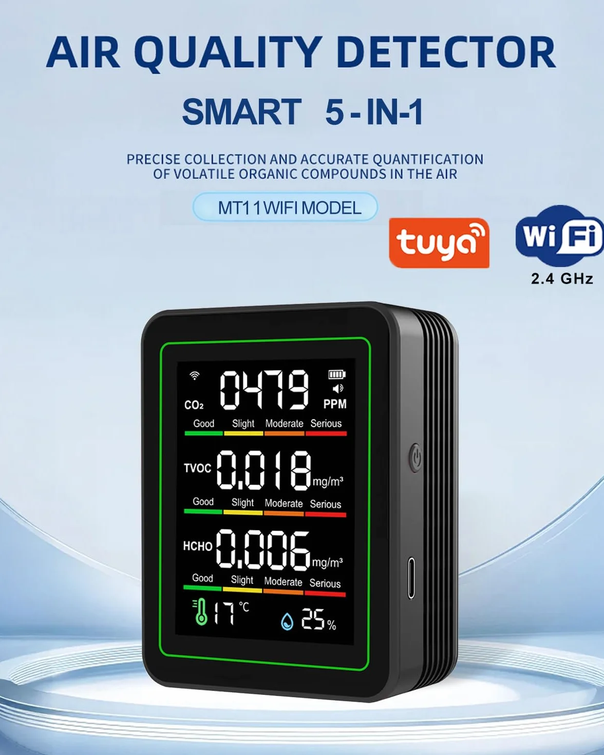 RISOON 5 w 1 inteligentny monitor jakości powietrza WiFi TVOC CO2 HCHO temperatura wilgotność