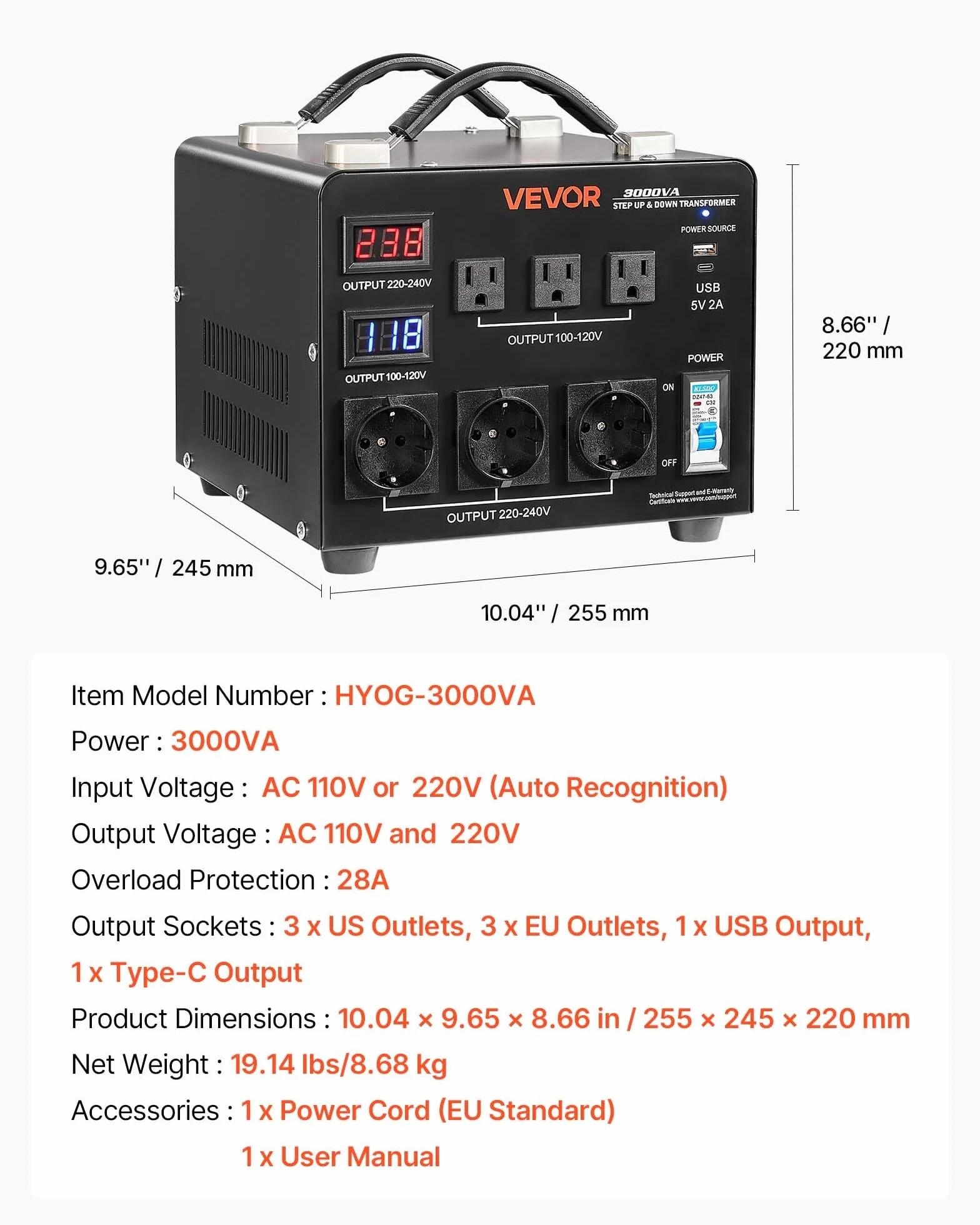 VEVOR Transformator 220 V do 110 V i 110 V do 220 V, automatyczny transformator podnoszenia napięcia, 3000 VA, z 3 gniazdami US, 3 gniazdami UE, ekranem LCD, kablem zasilającym, ochrona wyłącznika