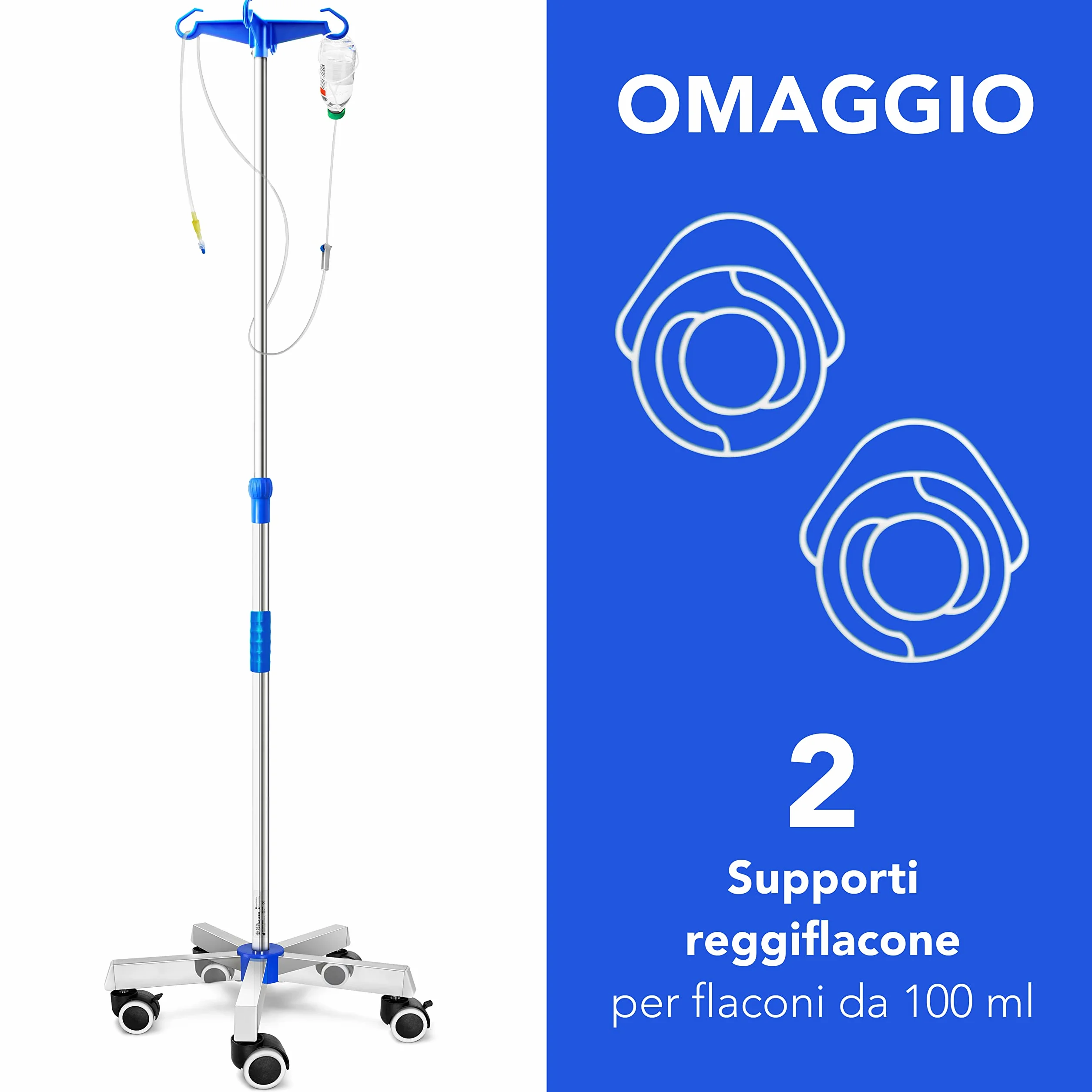 AIESI® Pręt kroplówki ze stali nierdzewnej z 4 plastikowymi haczykami i kołami obrotowymi z hamulcem, Hołd 2 100 ml sztyca, Gwarancja 24 miesiące