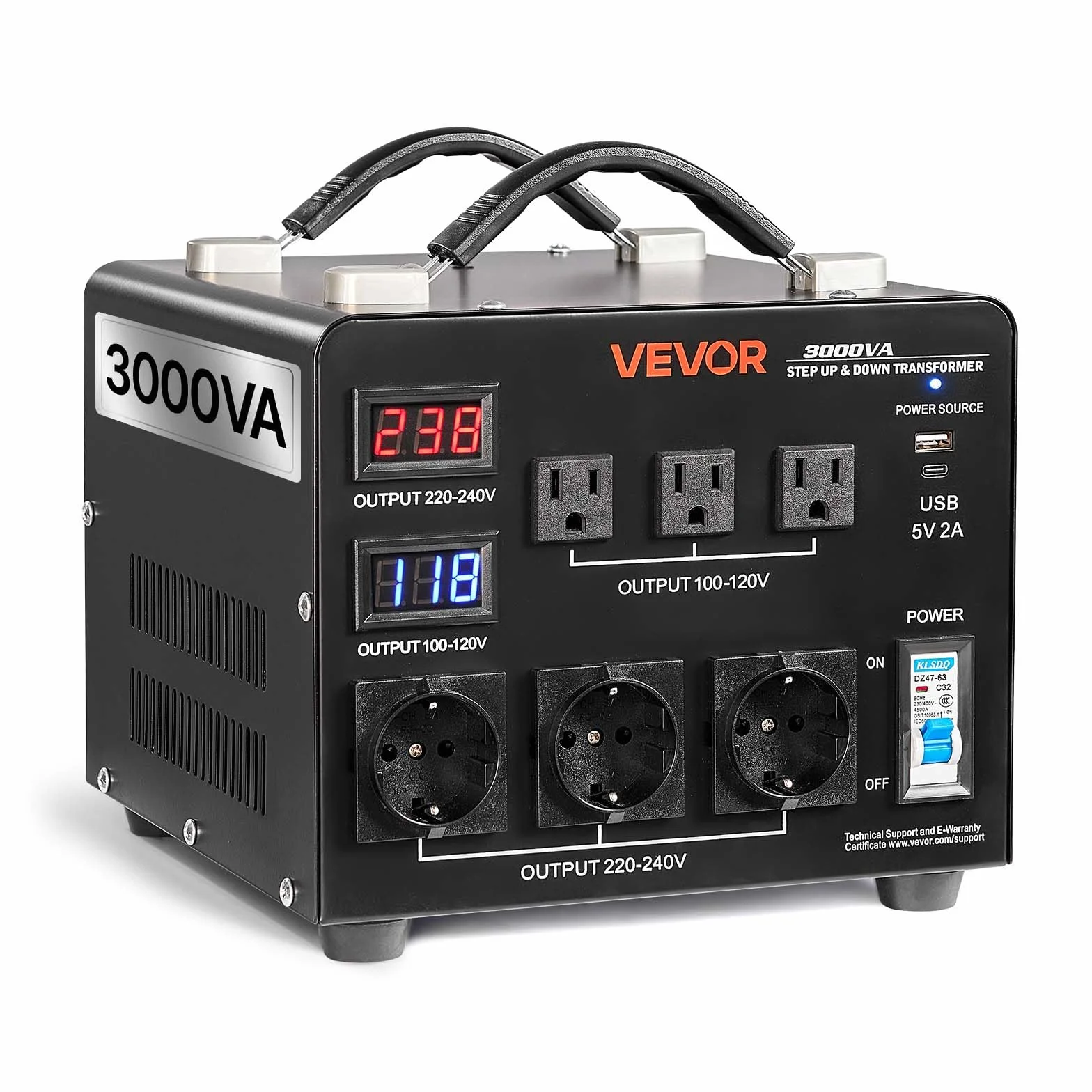 VEVOR Transformator 220 V do 110 V i 110 V do 220 V, automatyczny transformator podnoszenia napięcia, 3000 VA, z 3 gniazdami US, 3 gniazdami UE, ekranem LCD, kablem zasilającym, ochrona wyłącznika