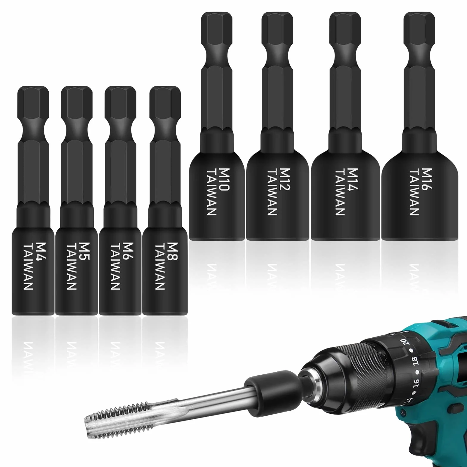 8 szt. adapter do gwintownika, M4-M16 1/4 cala, sześciokątny trzpień maszynowy, czworokątny adapter do wiertarki