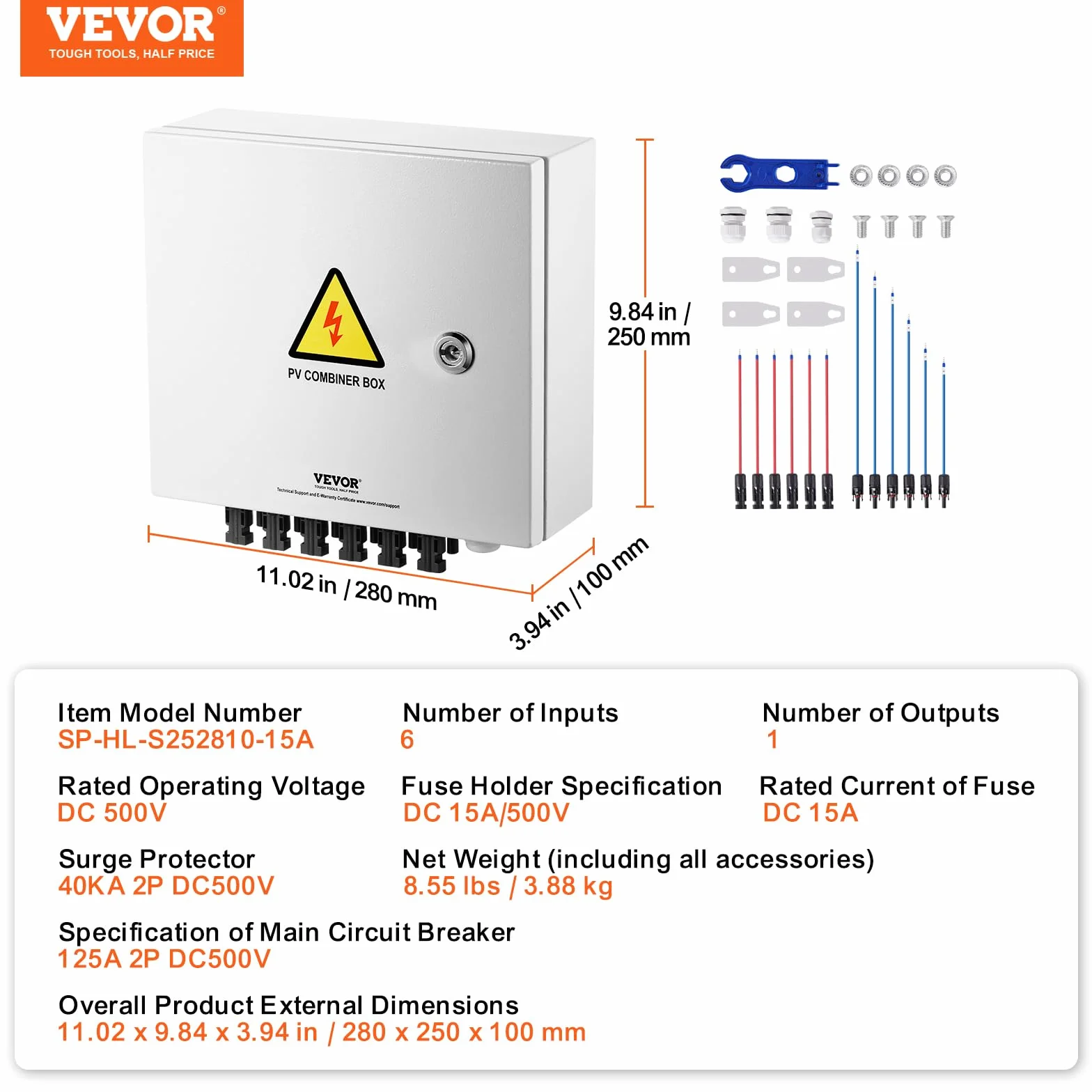VEVOR PV 6-strunowa skrzynka łącznika solarnego 15A bezpiecznik 125A wyłącznik mocy odgromnik przyłącze solarne stalowa obudowa do paneli słonecznych