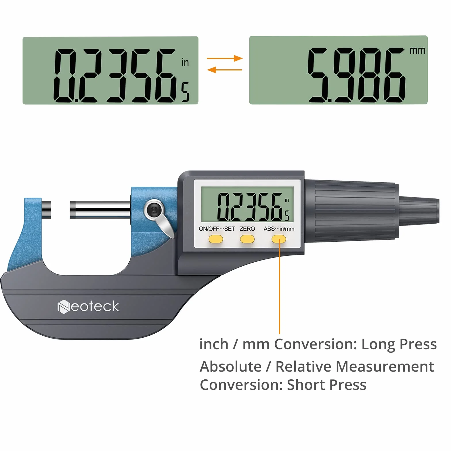 Neoteck Mikrometr cyfrowy 0-1", cal/milimetr LCD cyfrowy profesjonalny pomiar grubości narzędzia pomiarowe rozdzielczość 0,0005"/0,001 mm, obudowa ochronna (z dodatkową baterią)
