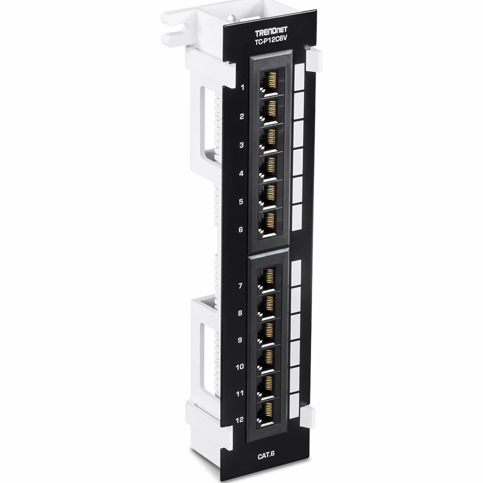 TRENDnet 12-portowy nieekranowany panel krosowy Cat6, TC-P12C6V, uchwyt ścienny, w zestawie wspornik 89D, instalacja pionowa lub pozioma, kompatybilny z okablowaniem Cat5e i Cat6 RJ45, 110 bloków
