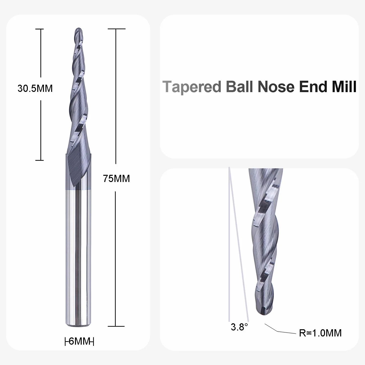 SpeTool Frez z palcami 6 mm Stożkowa kulka do nosa CNC Promień 1,0 mm, grawerowanie z węglika wolframu, frez kulisty, z powłoką TiAIN