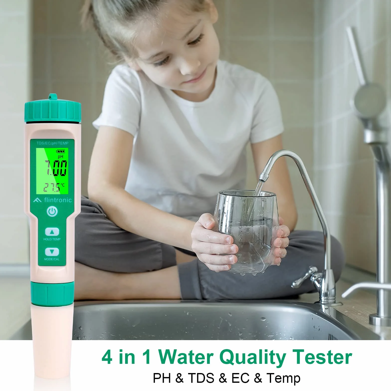 Flintronic Elektroniczny miernik PH 4 w 1, miernik PH z podświetleniem LCD, tester jakości wody do testowania pH/TDS/EC/temperatury, do wody pitnej/akwariowej/basenu