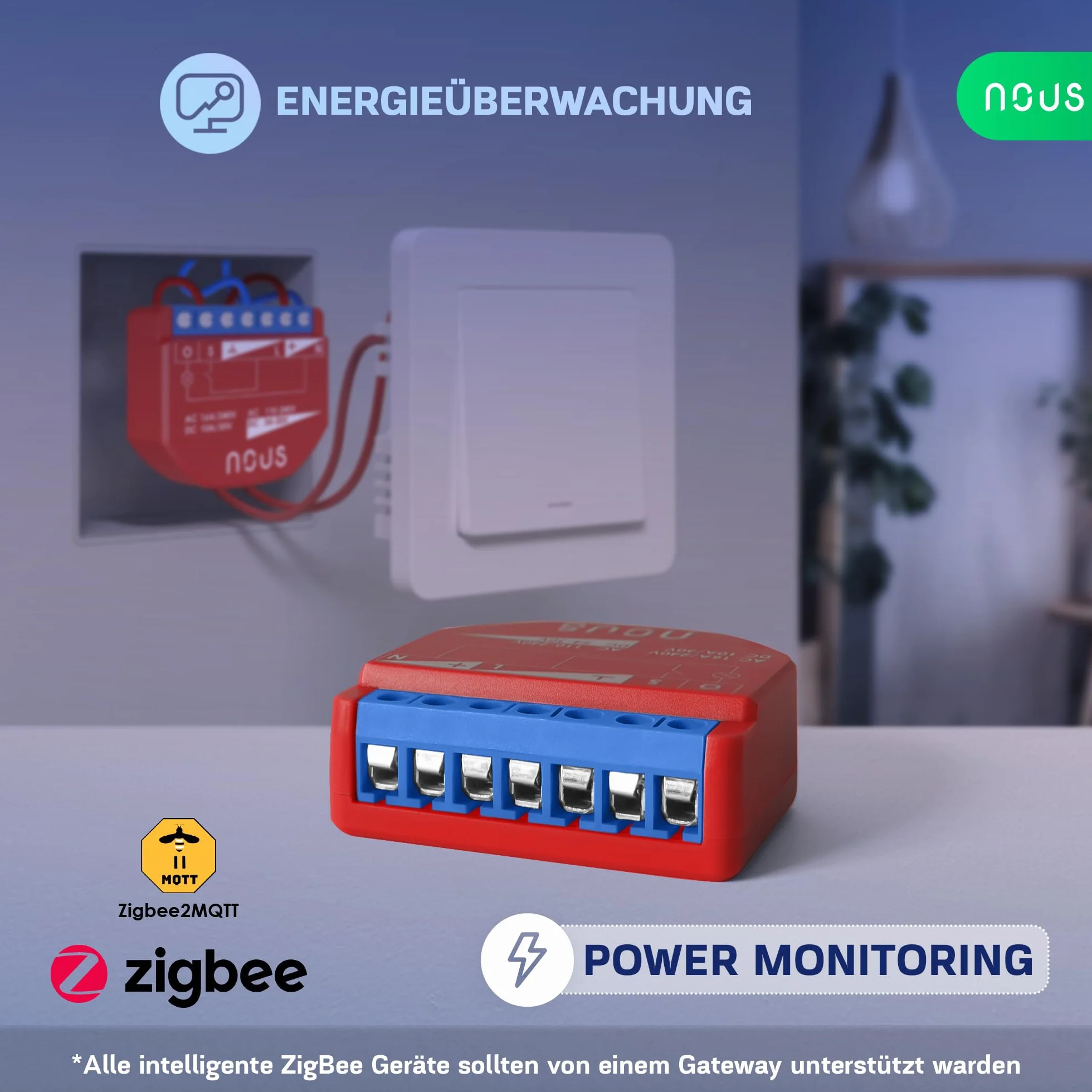 NOUS ZigBee Smart Switch moduły z pomiarem mocy, 1 kanał, AC 16 A/DC 10 A, suche styki, wymagany koncentrator 3.0, kompatybilny z Alexa, Zigbee2MQTT, Google Assistant, Home Assistant, Tuya