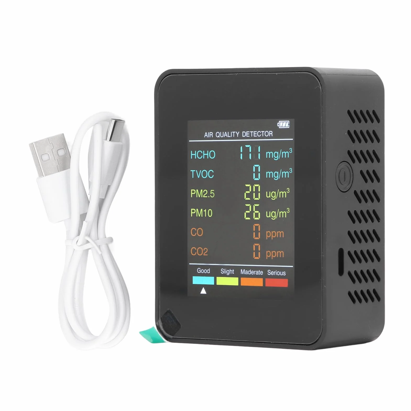 Detektor CO2 TVOC HCHO, Przenośny Monitor Jakości Powietrza PM2.5 PM10 z Alarmem (Czarny)