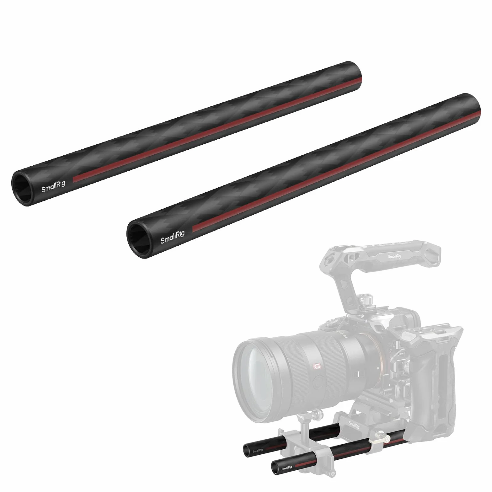 SMALLRIG Pręt z włókna węglowego 15 mm do systemu podparcia pręta 15 mm, 8 cali długości, do zacisków pręta, Matte Box i Follow Focus, opakowanie 2 sztuk - 5211