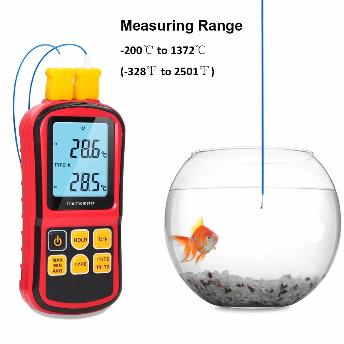 Mengshen Cyfrowy termometr, 2-kanałowy czujnik termopary typu K, miernik temperatury dla typu K/J/T/E/R/N/S, od -200℃ do 1372℃ (-200°F do 340°F)