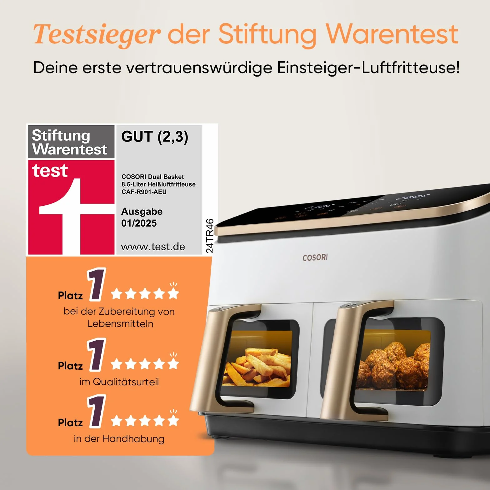 COSORI Frytkownica na gorące powietrze 8,5 l 2 komory Airfryer 6 w 1 z okienkiem kremowo-biała