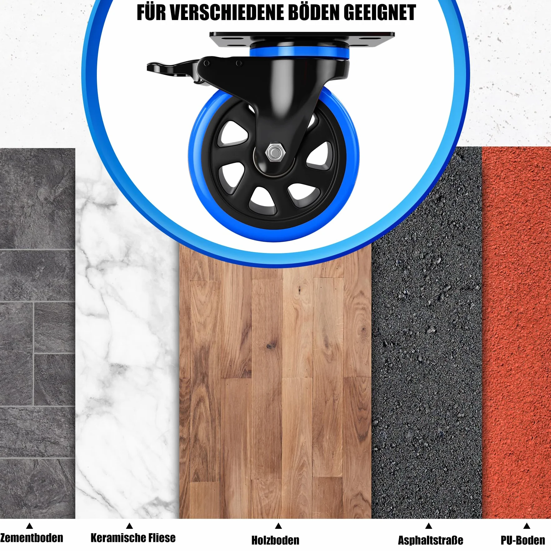 Kółka do Dużych Obciążeń, Przenośne, Obracane o 360°, Transportu Mebli i Przemysłowego, 75 mm, 480 kg, Czarno-Niebieskie
