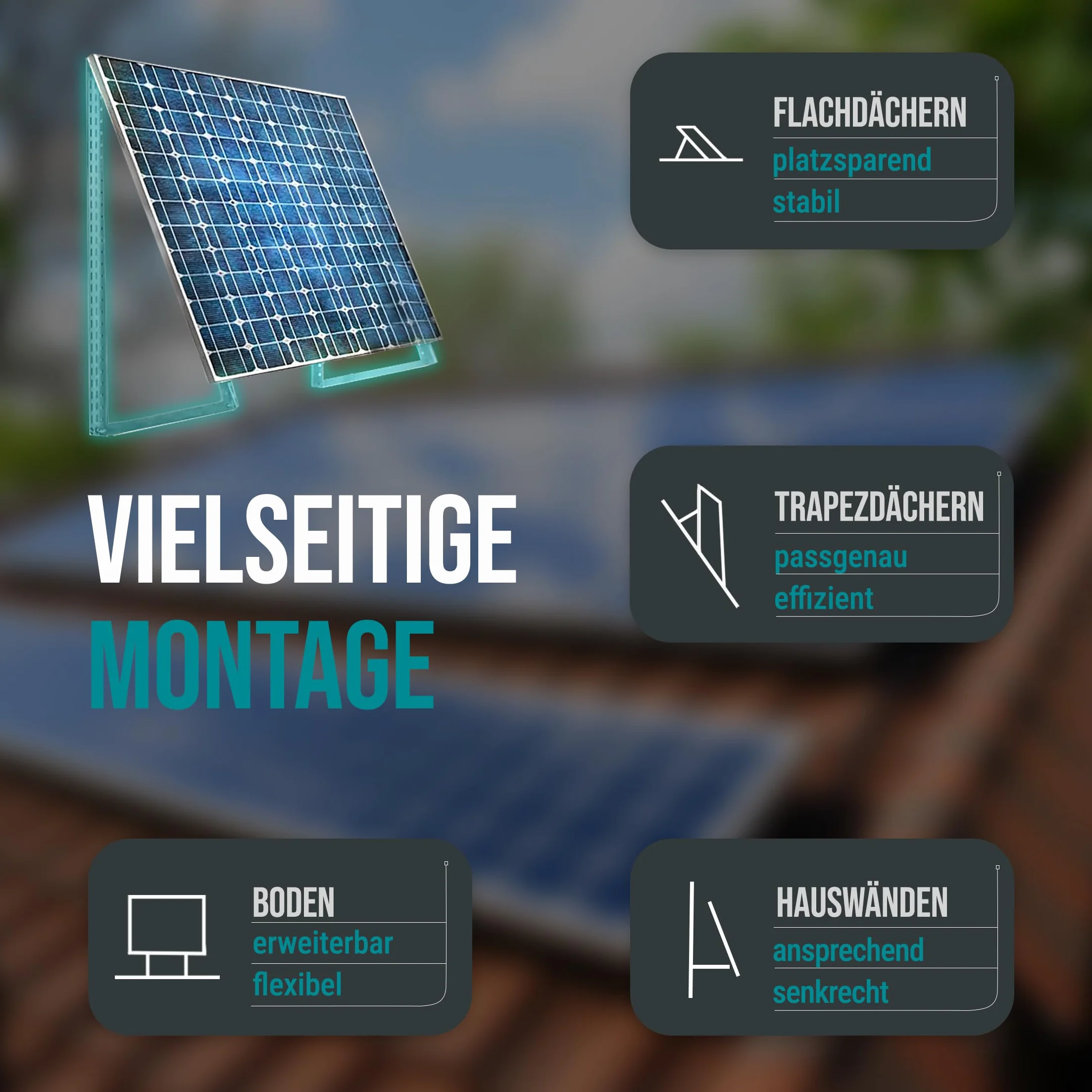 VOOXA 4x uchwyt na 2 panele słoneczne do 114 cm | regulowany 0-90°, z aluminium | łatwe w montażu elementy mocujące ze stali nierdzewnej | do dachu płaskiego, małej elektrowni na balkonie, ściany