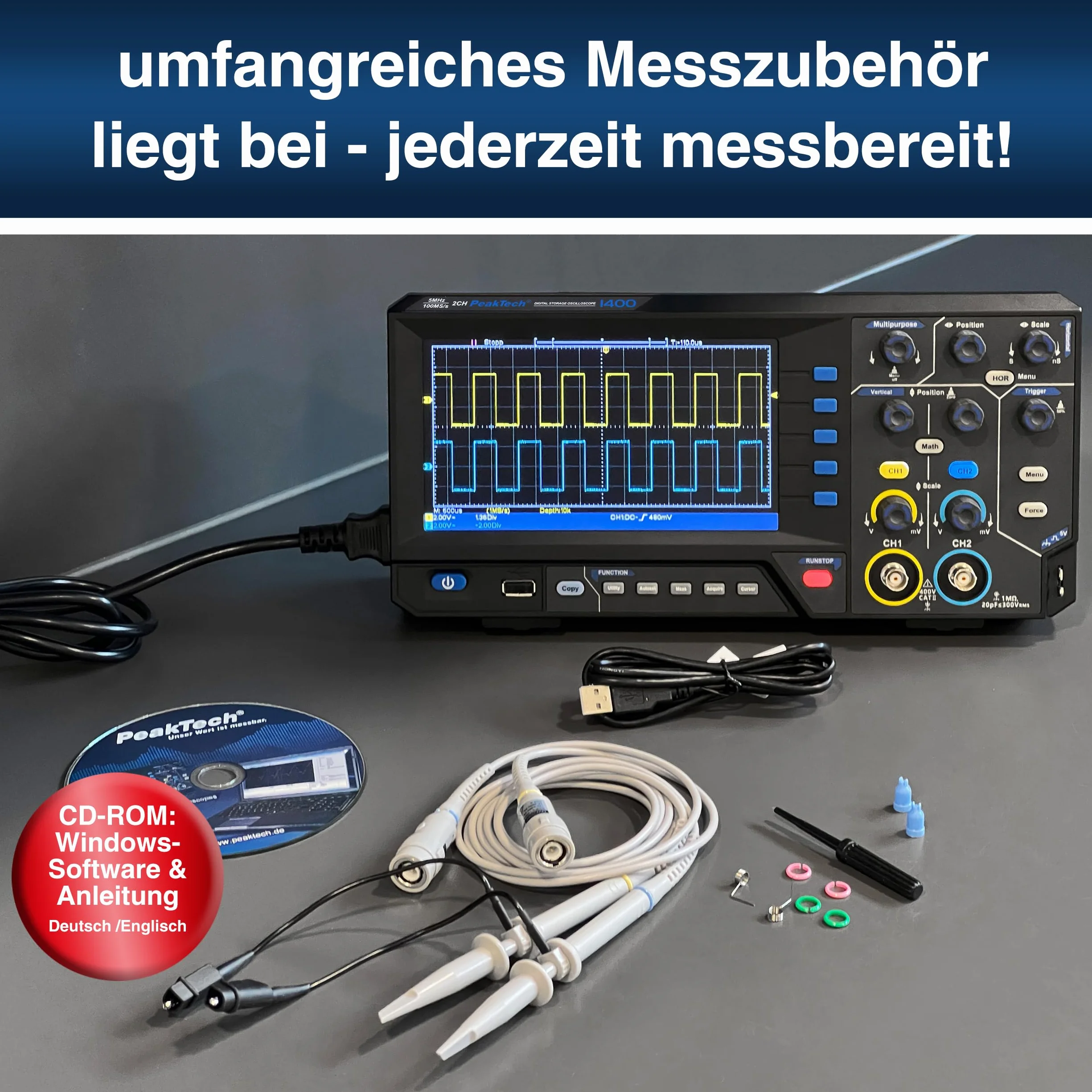 PeakTech 1400 Kompaktowy oscyloskop cyfrowy 2-kanałowy 5 MHz 100 MS/s USB