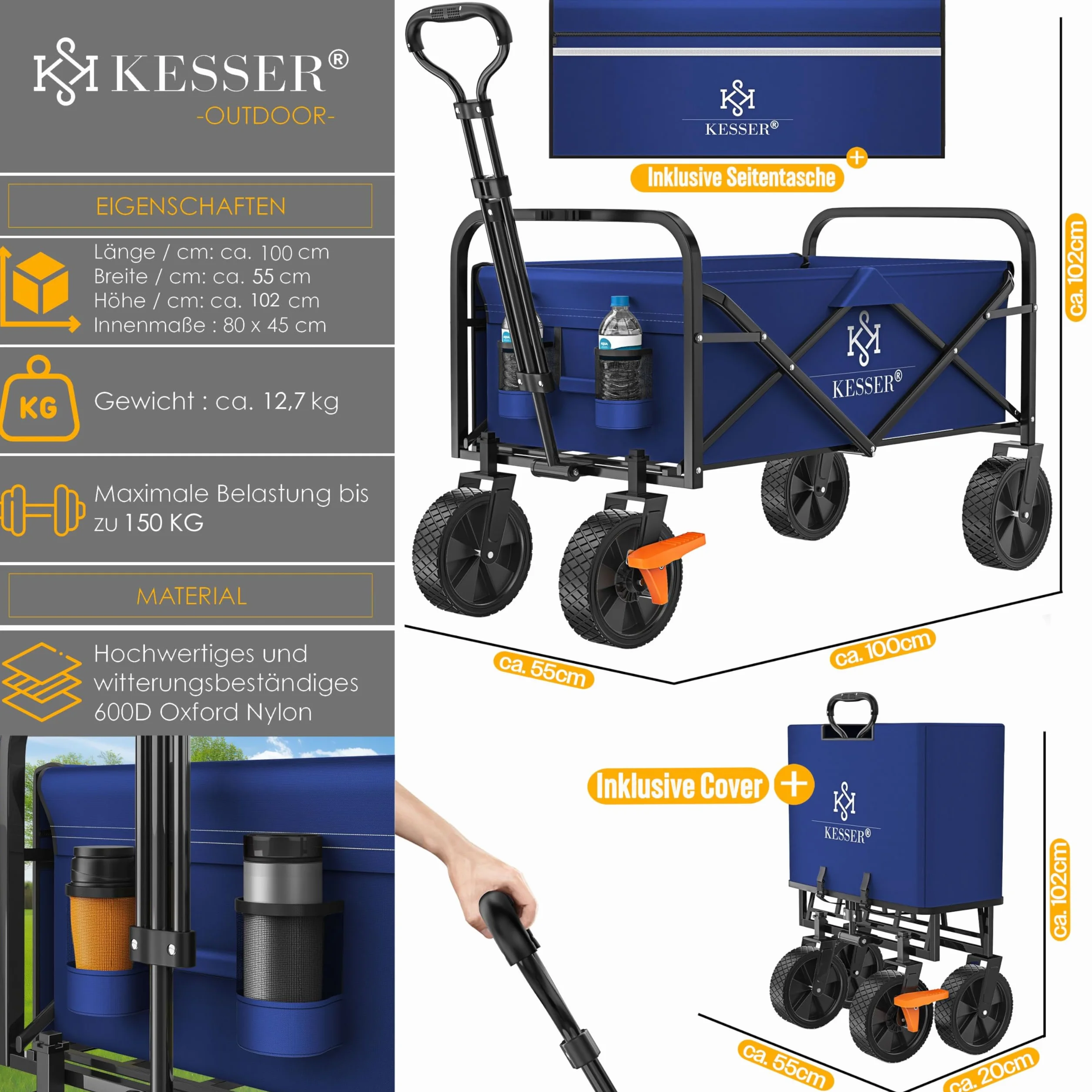 KESSER® Składany wózek ręczny, wózek transportowy, wózek na narzędzia, w zestawie 2 kieszenie z siatki, składany, opony PCW, nośność do 80 kg, przyczepa ogrodowa bez dachu