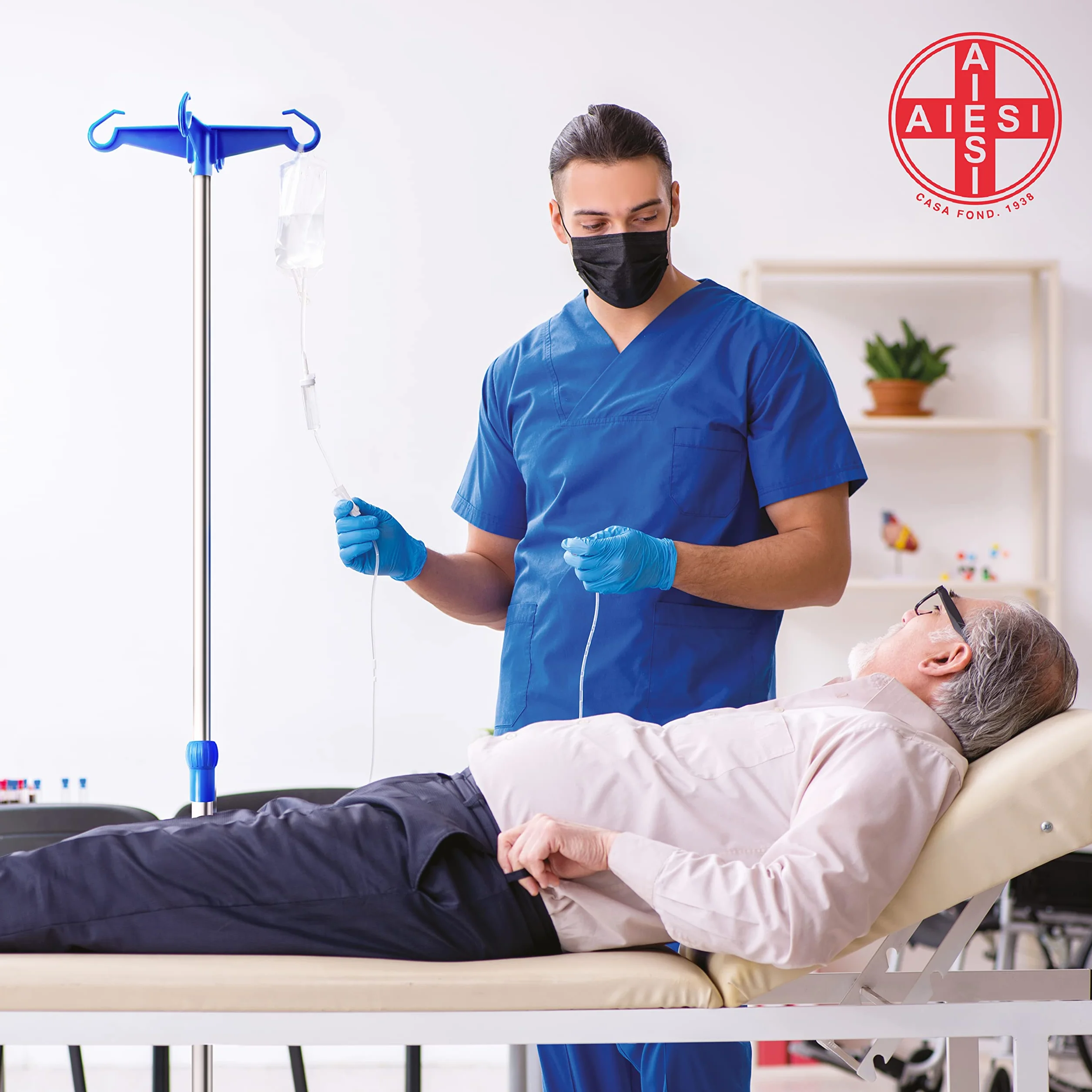 AIESI® Pręt kroplówki ze stali nierdzewnej z 4 plastikowymi haczykami i kołami obrotowymi z hamulcem, Hołd 2 100 ml sztyca, Gwarancja 24 miesiące