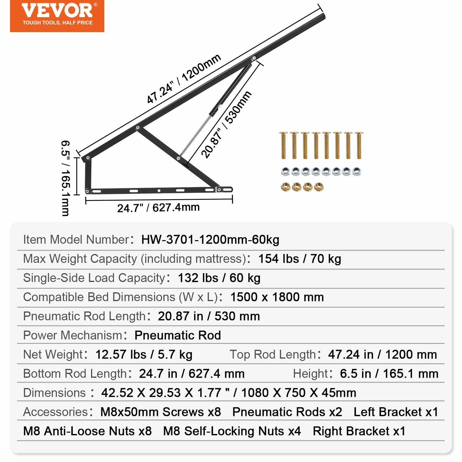 VEVOR Podnośnik do łóżka 150x180 cm 69 kg Pneumatyczny Deluxe