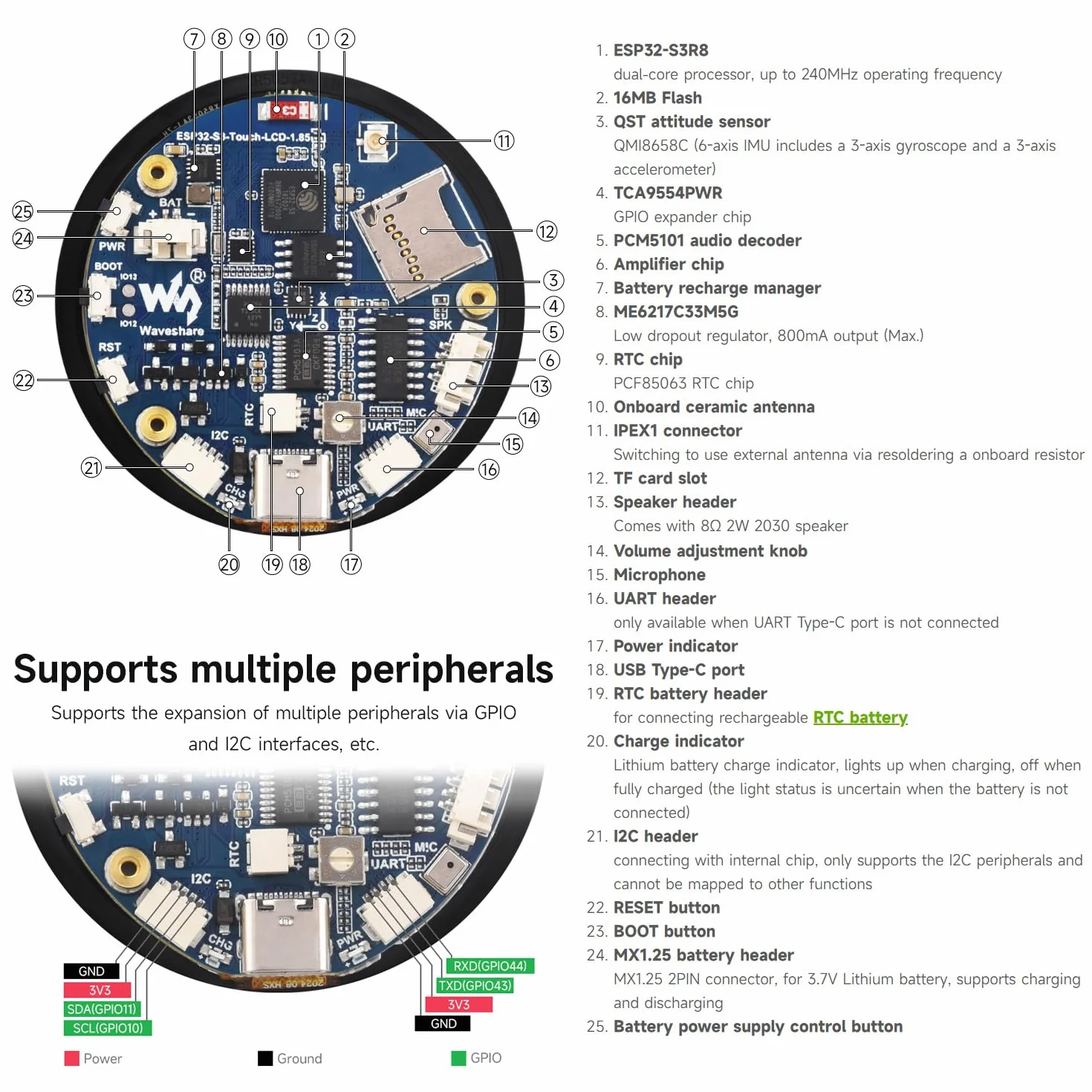 Waveshare ESP32-S3 1.85inch Touch Display Development Board 360x360 32-Bit LX7 Dual-Core 240MHz WiFi BT Accelerometer Gyroscope