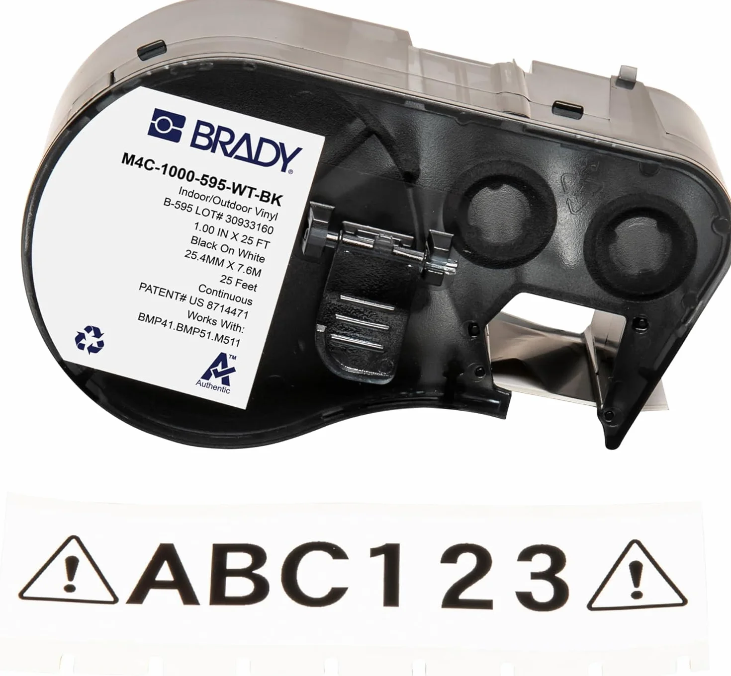 Brady Taśma do Drukarek Etykiet M410 M510 M511 Samoprzylepne Etykiety Przemysłowe Czarny na Białym 25,4 mm x 7,62 m M4C-1000-595-WT-BK