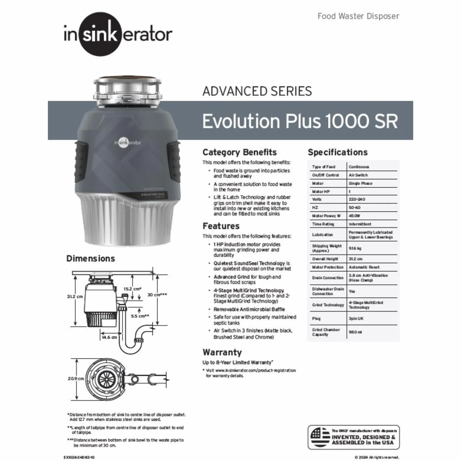 InSinkErator Evolution Plus 1000 SR Waste Disposer rozdrabniacz odpadów kuchennych