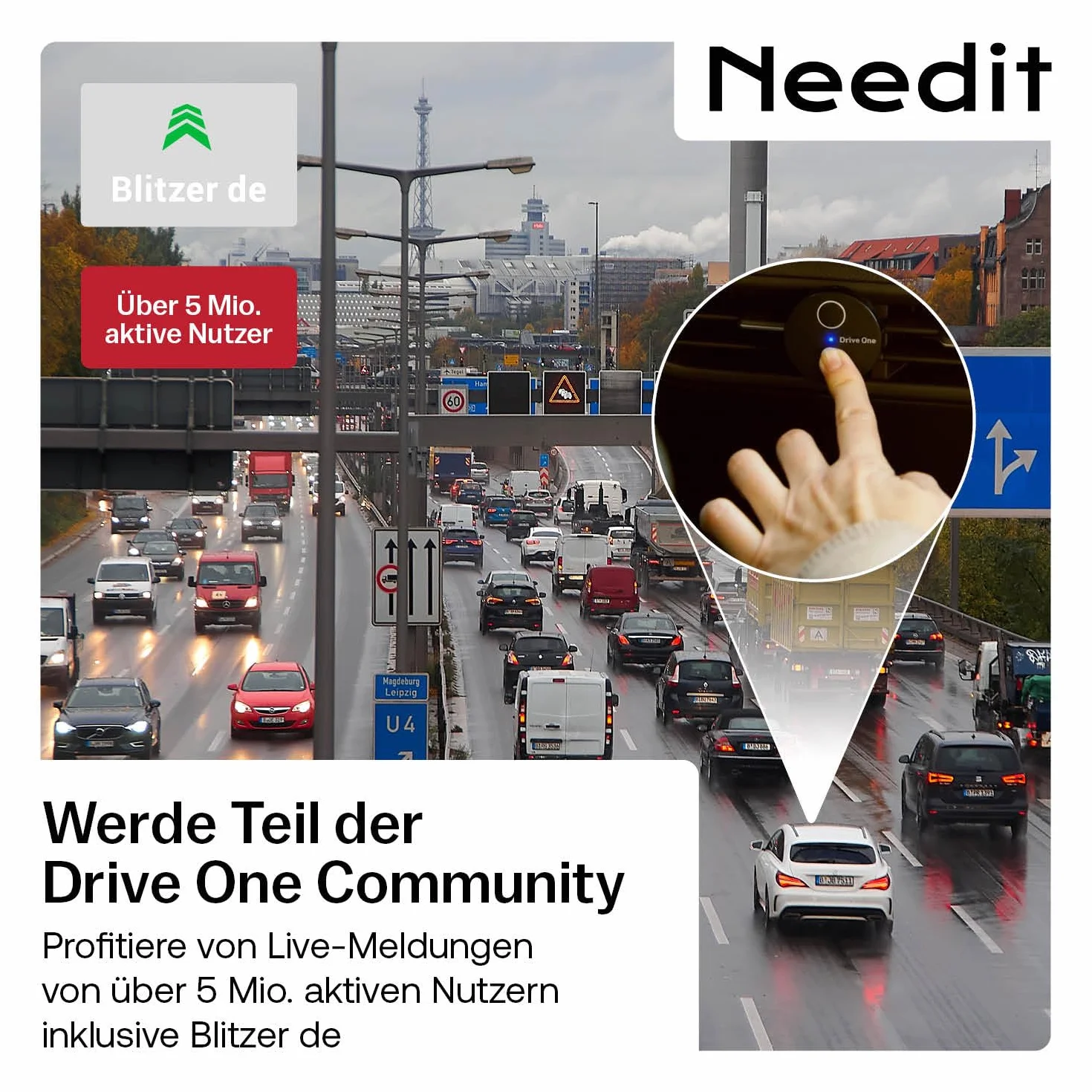 Needit Czujnik Radarowy Drive One 2 Ostrzegam przed Fotoradarami Zagrożeniami Drogowymi Wyświetlacz LED Automatycznie Aktywny
