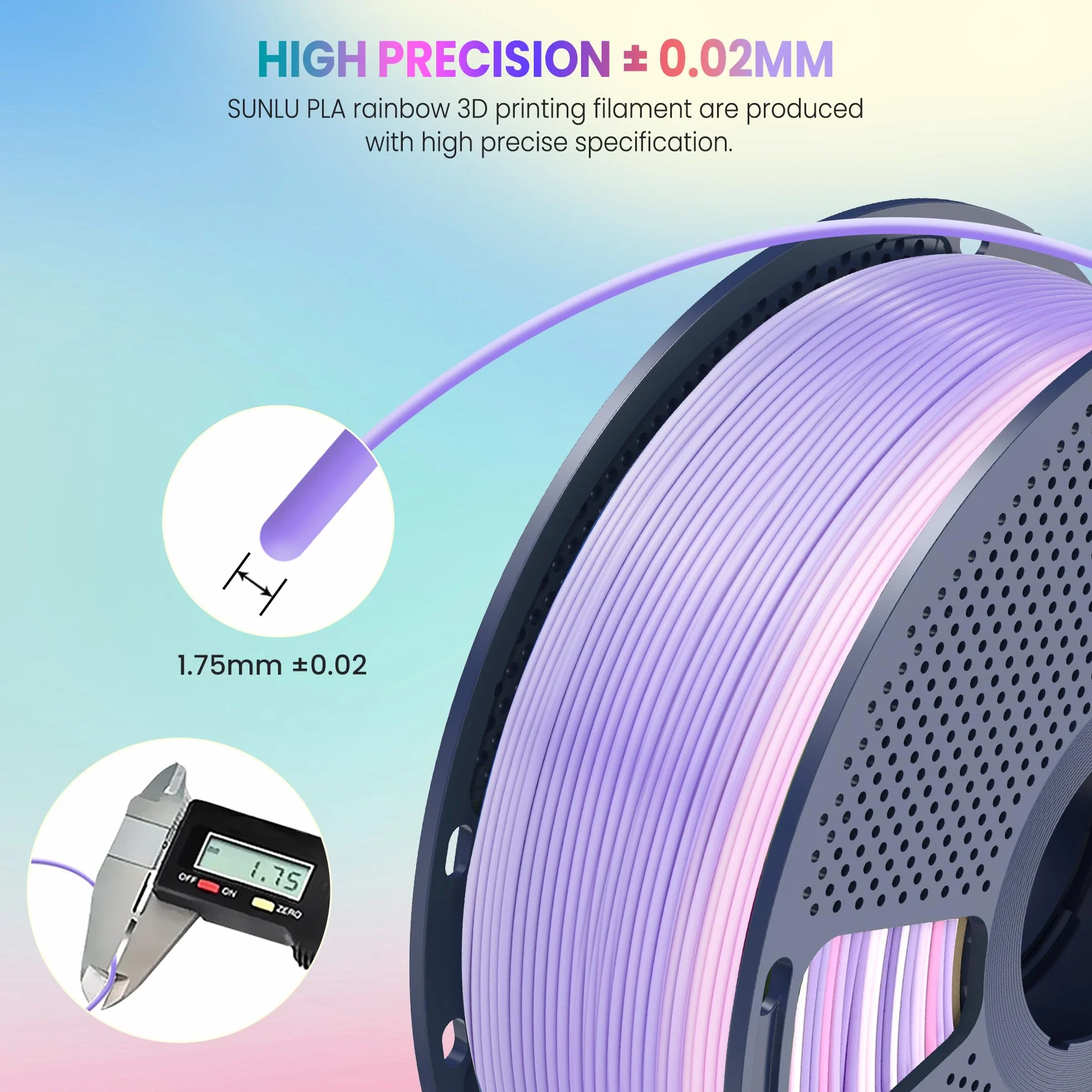SUNLU Rainbow PLA Filament 1,75 mm ± 0,02 mm 4 kg 4 rolki gradient do drukarki 3D
