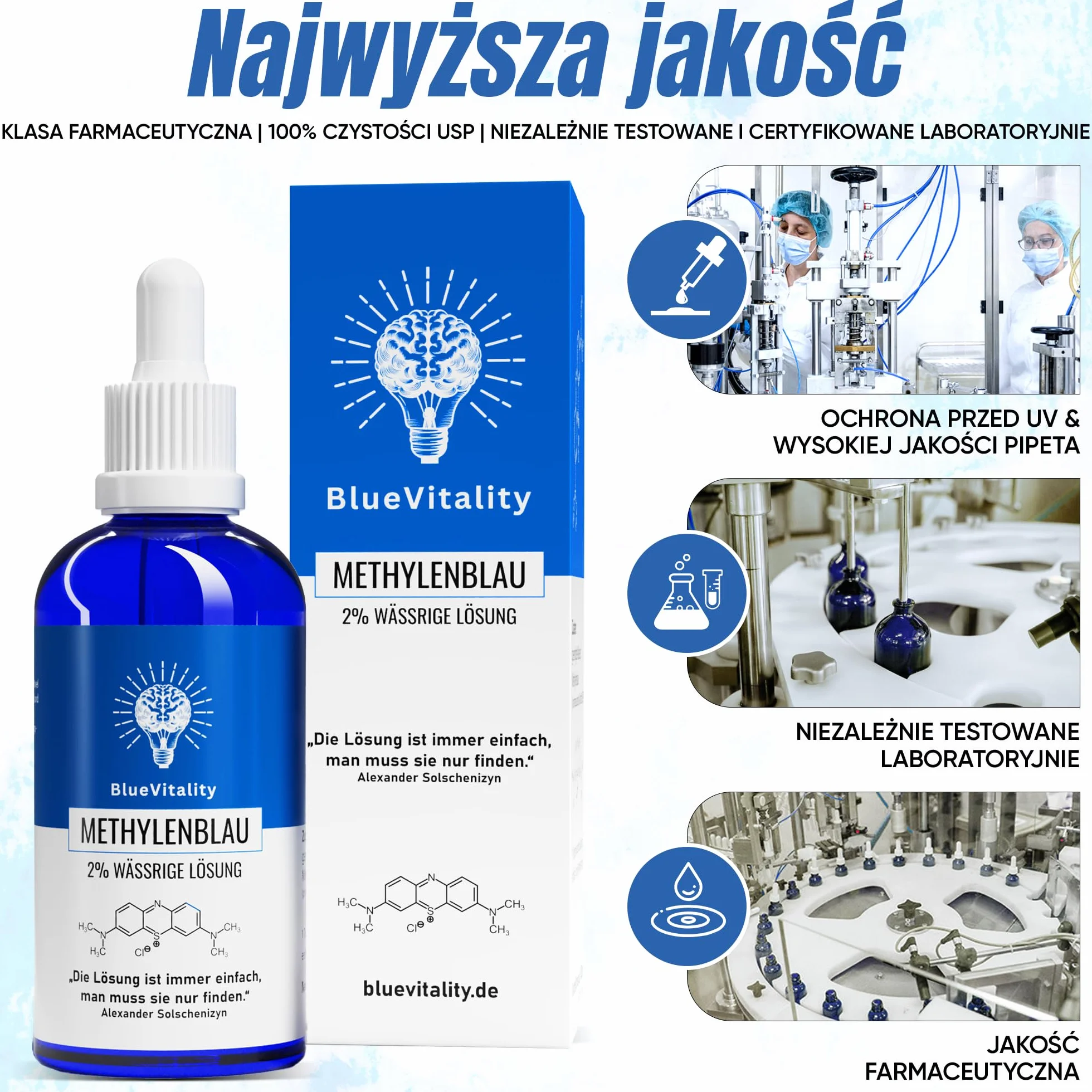 2% | podwójne stężenie | 100ml roztworu błękitu metylenowego 2% | jakość farmaceutyczna | 100% czystości USP | Made in Germany | niezależnie testowany laboratoryjnie | pipeta w zestawie