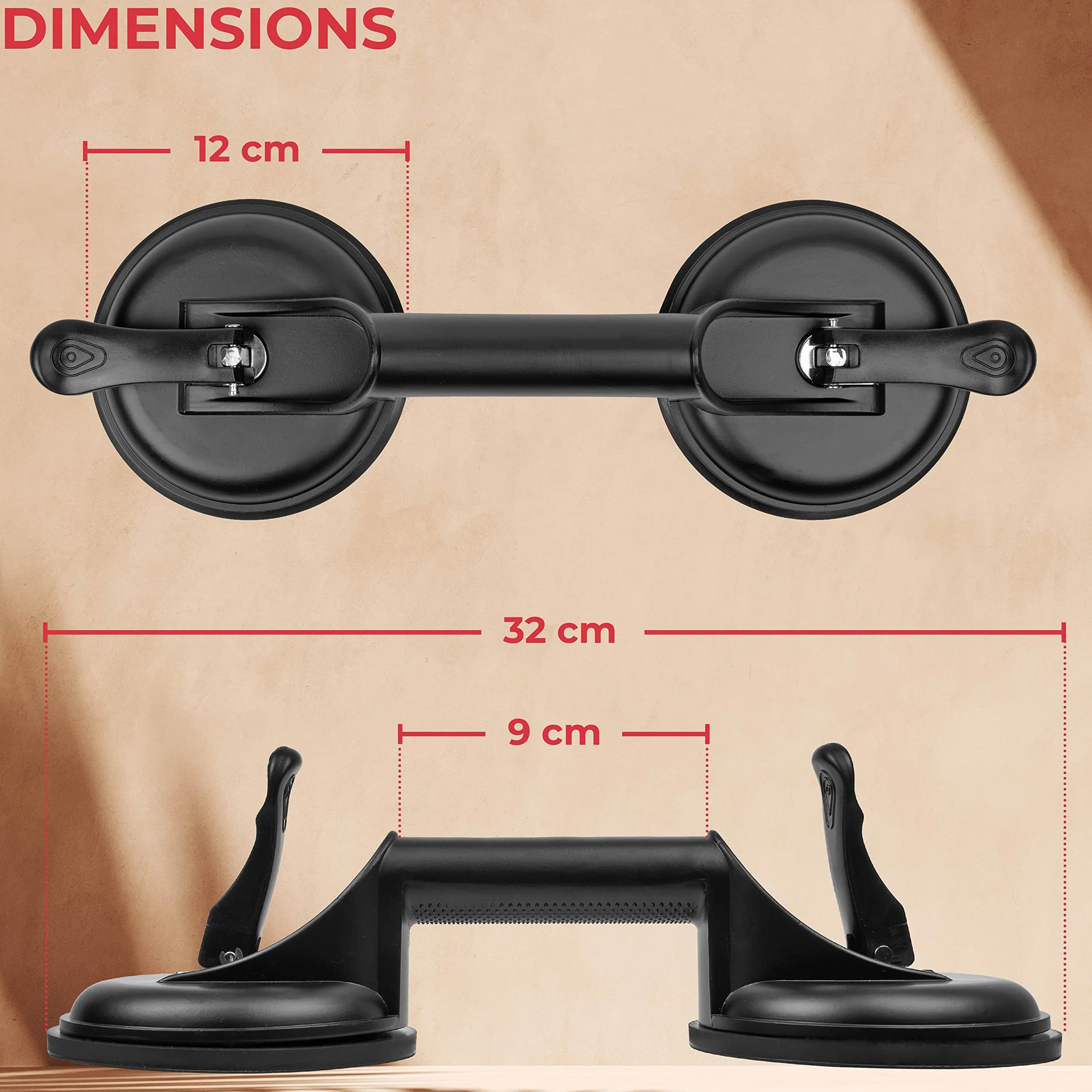 GADLANE 2 x Saugnapf Griff Saugheber Glas Mit 2 Saugnäpfen Glassauger Vakuum Heber Hält Bis Zu 100kg - Schwarz