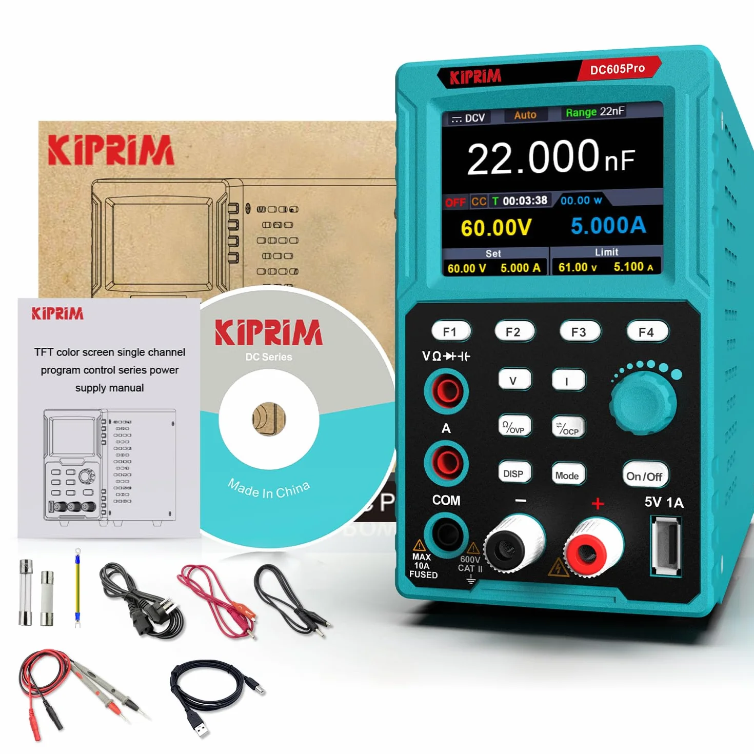 Kiprim Zasilacze laboratoryjne 2 w 1 i programowalny multimetr (0-60 V, 0-5 A) DC605Pro Regulowane zasilacze z pamięcią danych, OCP, OVP, oprogramowaniem PC i ładowaniem USB