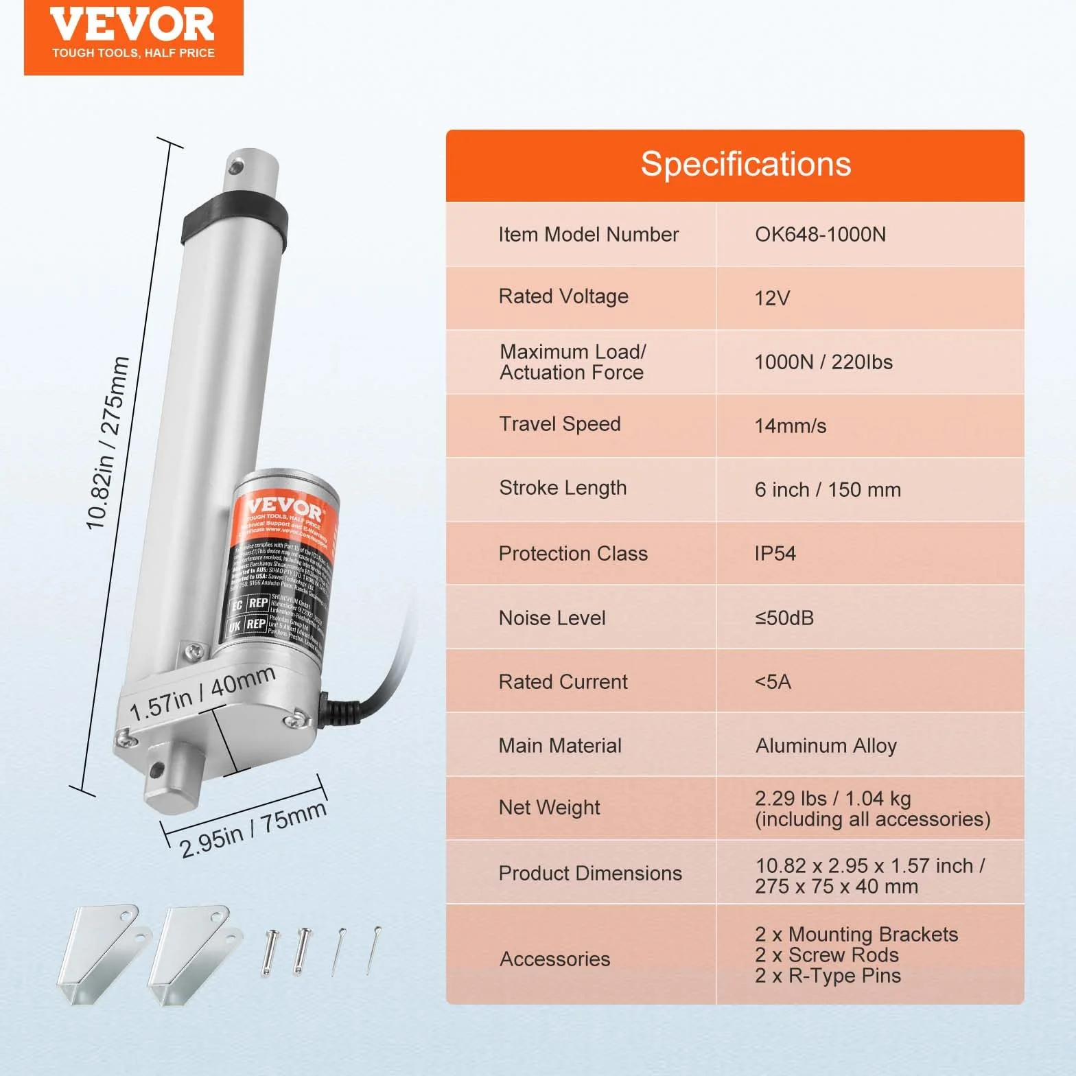 VEVOR Napęd liniowy 1000 N DC 12 V napęd liniowy IP54, elektryczny silnik liniowy 150 mm, długość skoku 150 mm, poziom hałasu ≤ 50 dB, elektryczny otwieracz drzwi 14 mm/s, prędkość jazdy, technika