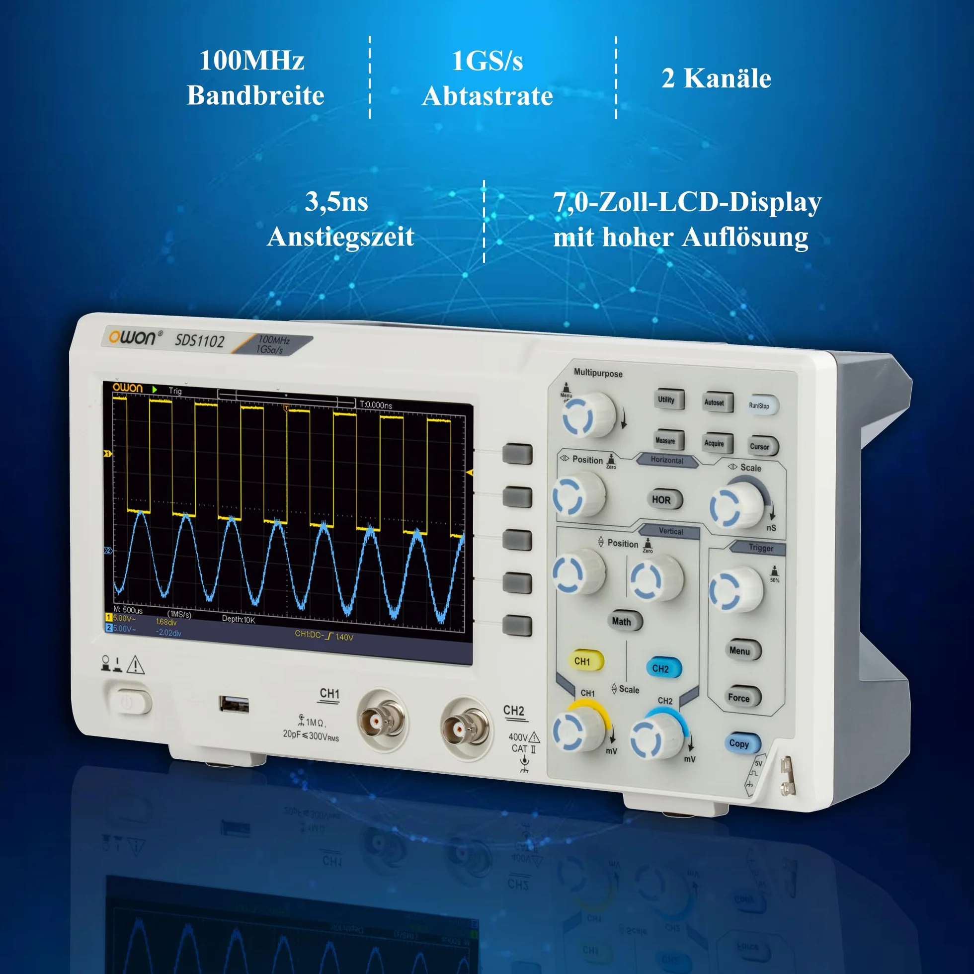SDS1102 OWON oscyloskop pulpit lekki przenośny oscyloskop 100 MHz szerokość pasma dwukanałowy 7" kolorowy ekran z częstotliwością próbkowania 1 GSa/s