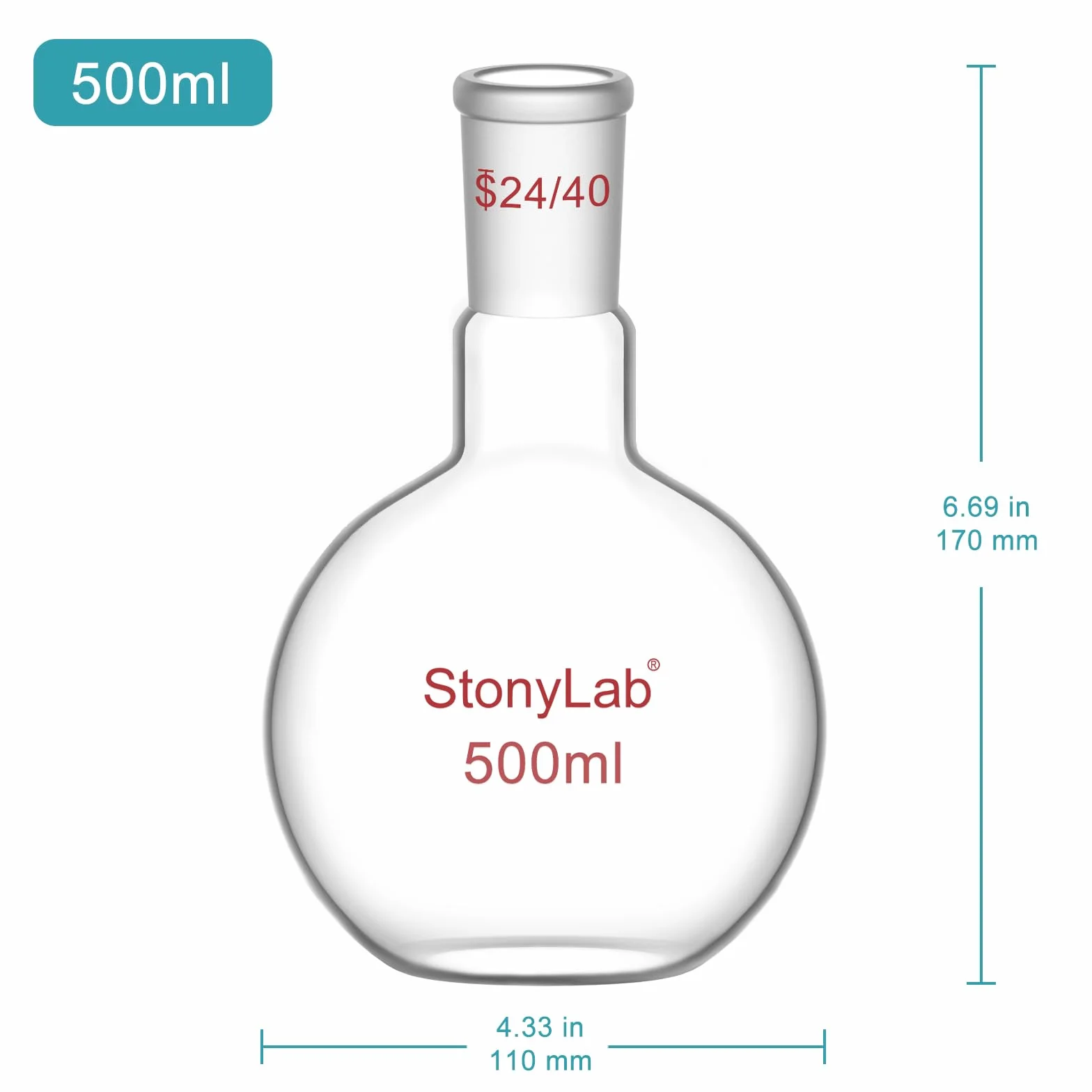 StonyLab 500ml Glas Einhals Flachboden Kochflasche mit 24/40 Standard Taper Outer Joint