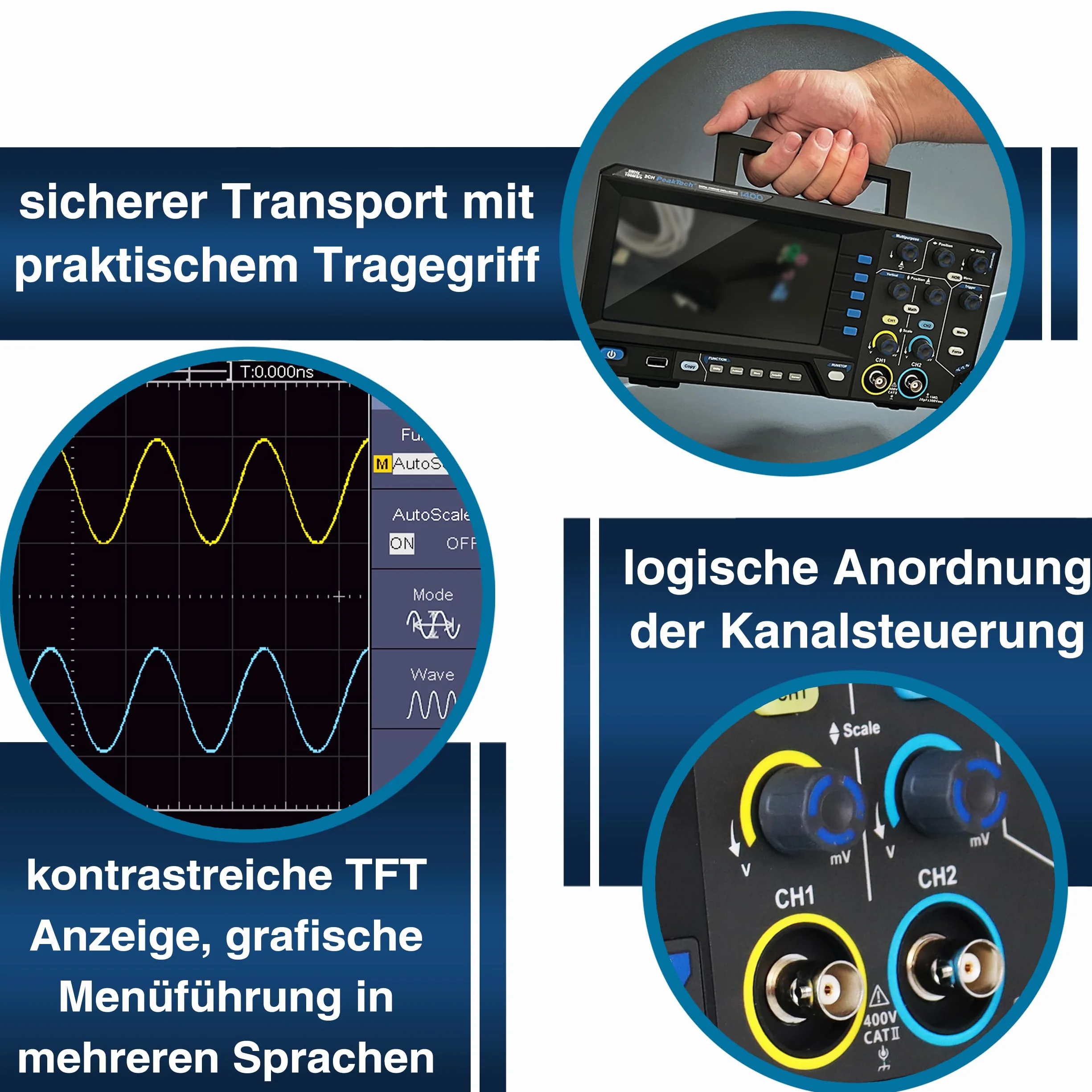 PeakTech 1400 Kompaktowy oscyloskop cyfrowy 2-kanałowy 5 MHz 100 MS/s USB