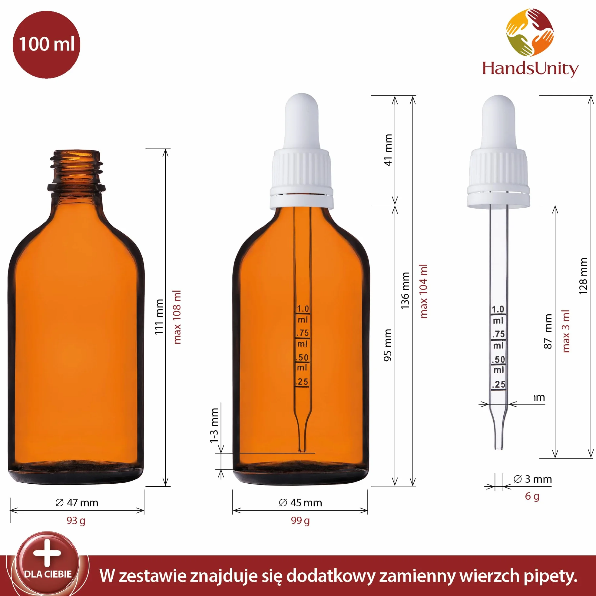 100ml-12szt Pipeta Mała Putelka Szklana - Słoiczek Apteczny ze Szkła Bursztynowego z Białą Zakrętką do Pipety Zawiera 29szt. Akcesoriów Pomocniczych Butelki z Brązowego Szkła