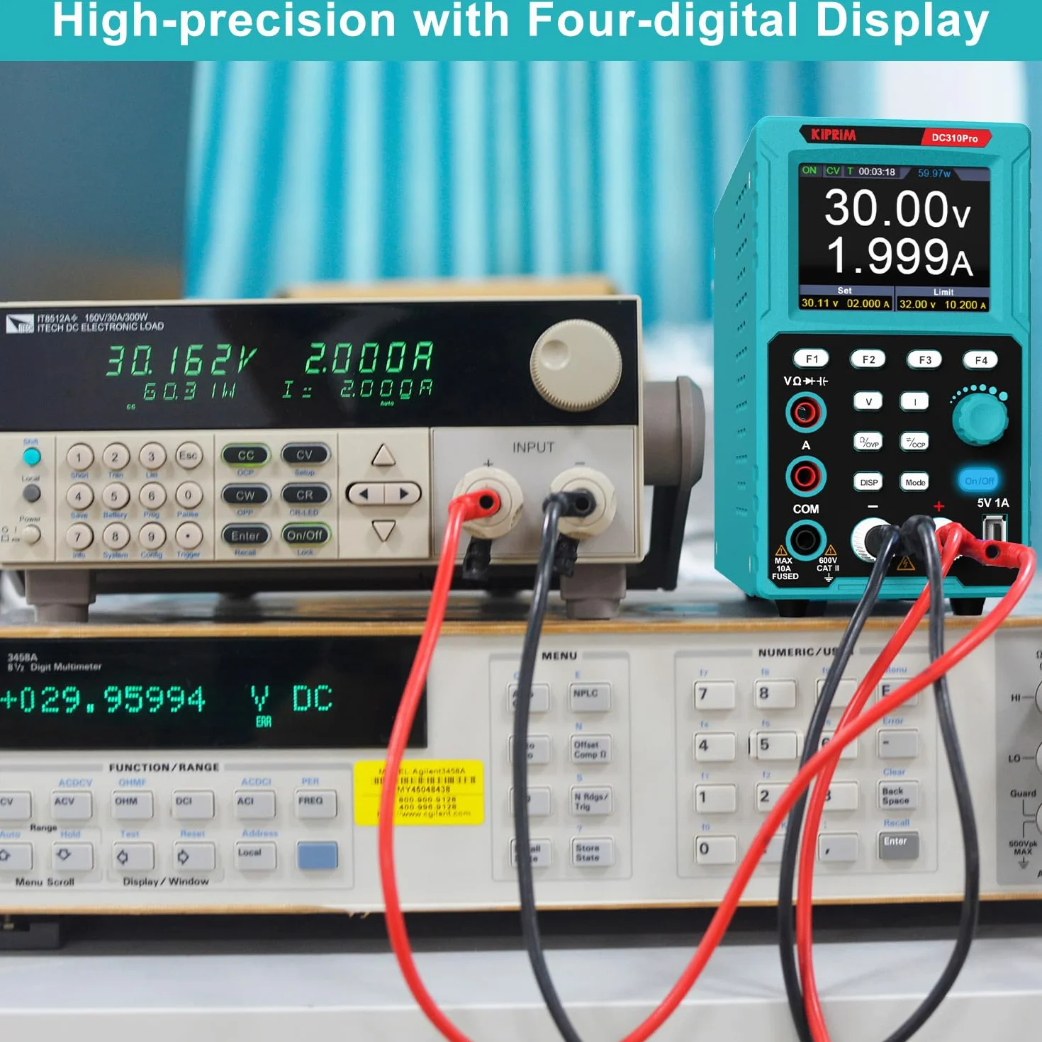 Kiprim Zasilacze laboratoryjne 2 w 1 i programowalny multimetr (0-30 V, 0-10 A) DC310Pro regulowane zasilacze z pamięcią danych, OCP, OVP, oprogramowaniem PC i ładowaniem USB