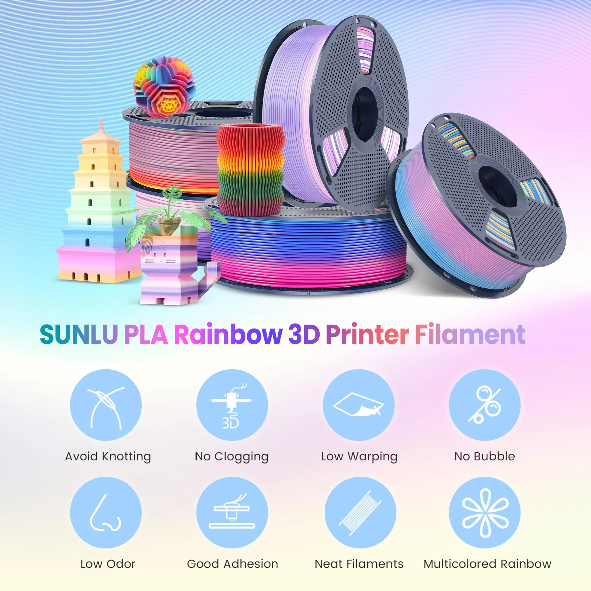 SUNLU Rainbow PLA Filament 1,75 mm ± 0,02 mm 4 kg 4 rolki gradient do drukarki 3D