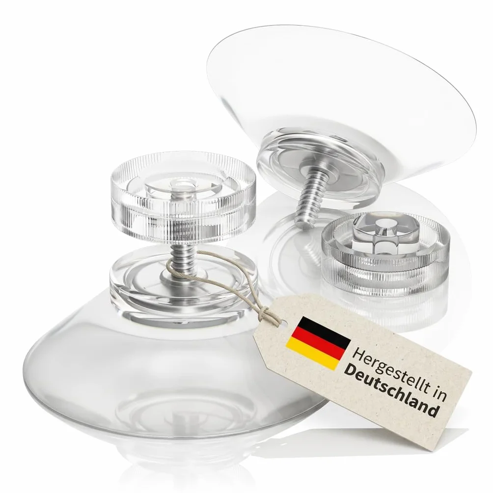 Raumhero 4 x przyssawka z gwintem (duża siła przyczepności), szklane przyssawki z przezroczystą nakrętką radełkowaną Ø 30 mm – 100% Made in Germany – przyssawki, przyssawka przykręcana, przyssawki