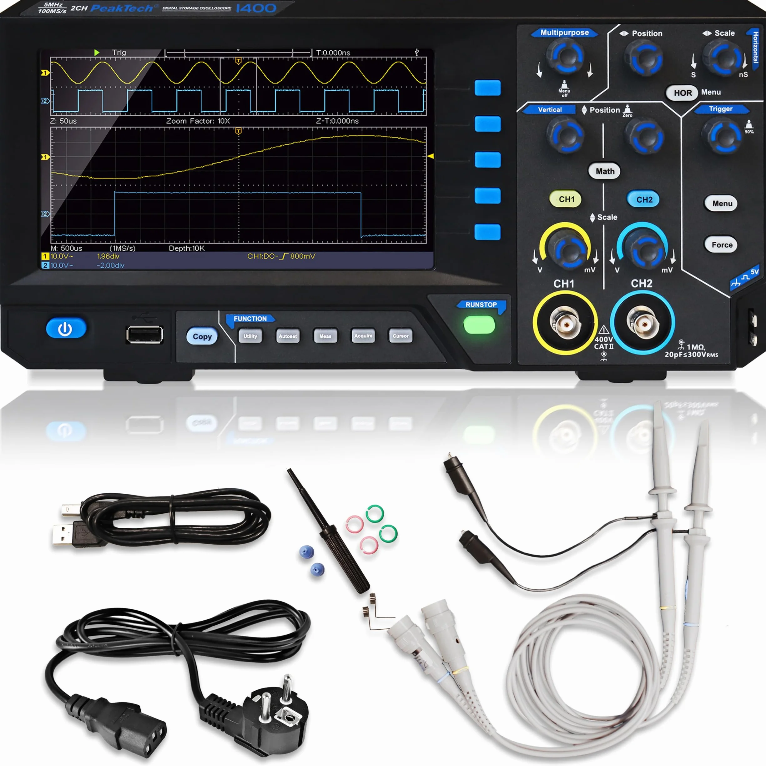 PeakTech 1400 Kompaktowy oscyloskop cyfrowy 2-kanałowy 5 MHz 100 MS/s USB