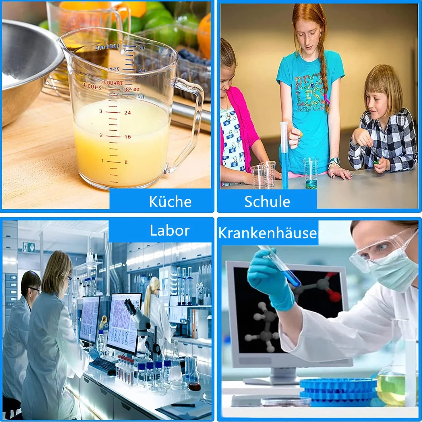 LATRAT Plastikowy zestaw 4 cylindrów ze skalą 10/25/50/100 ml do laboratoriów naukowych chemia narzędzia pomiarowe kuchnia