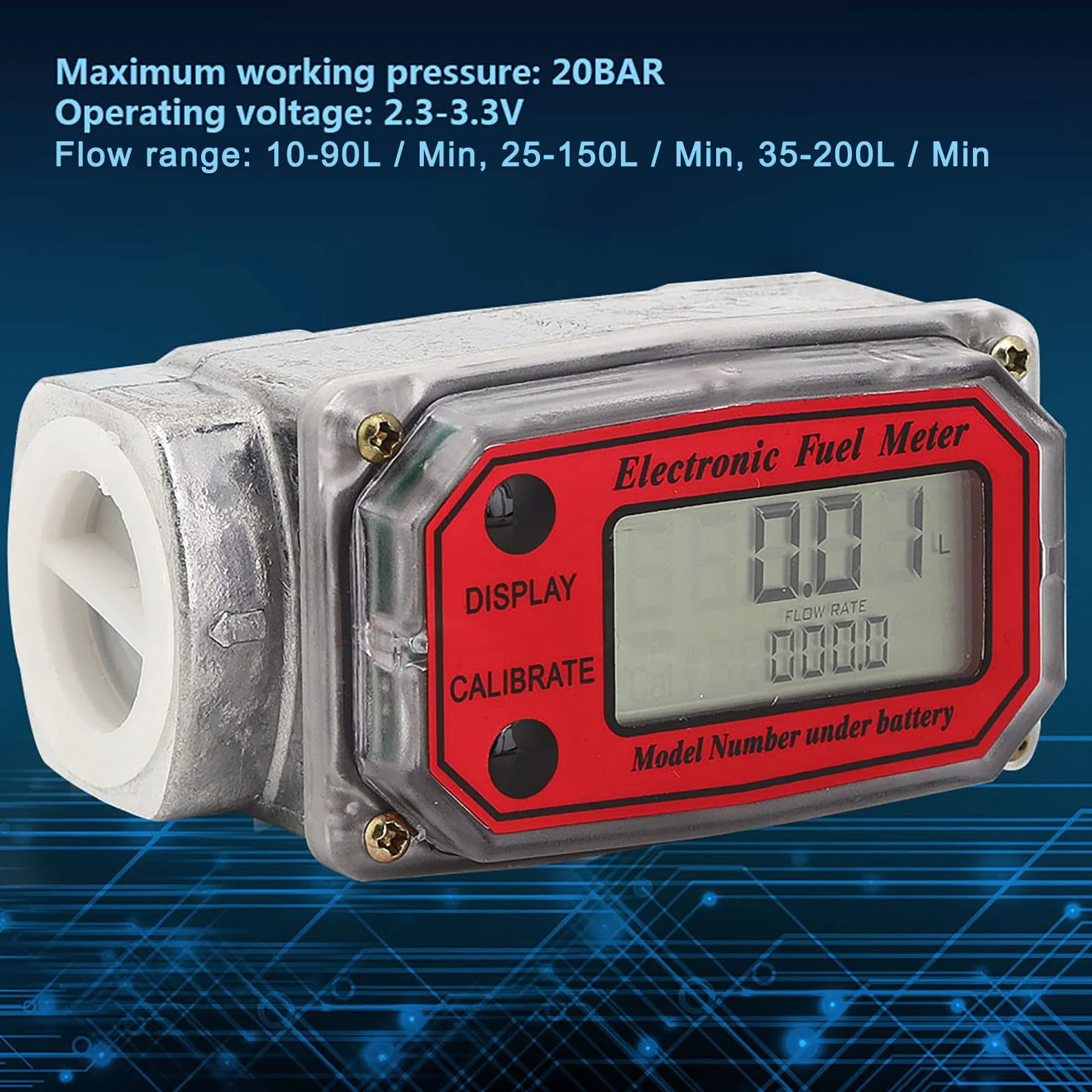 Mini Cyfrowy Przepływomierz Turbinowy Wyświetlacz LCD Miernik Przepływu Pompy do Pomiaru Benzyny Nafty Wysokoprężnej 15-120L 1 "NPT(Czerwony)