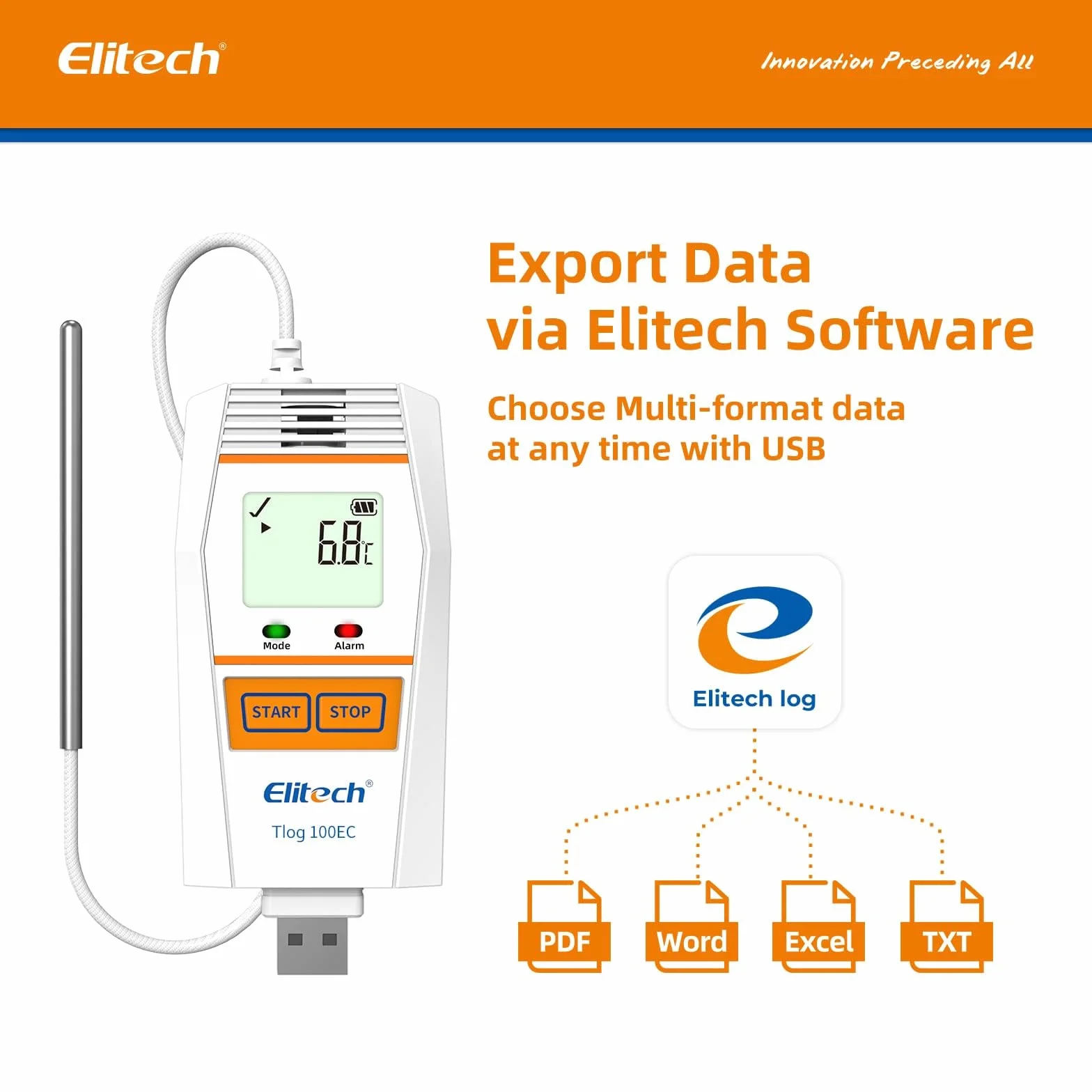 Elitech Tlog 100EC rejestrator danych o ultra niskiej temperaturze, rejestrator danych temperatury z czujnikiem zewnętrznym, 32000 punktów, raport PDF, USB 2.0
