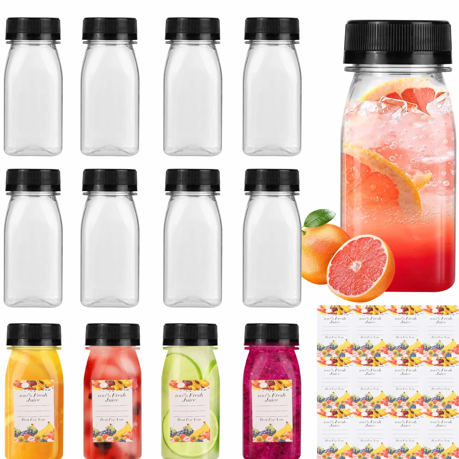 winbest 12 sztuk plastikowych butelek do shotów 120 ml, z naklejkami wielokrotnego użytku, 120 ml, do napełniania napojów i smoothies