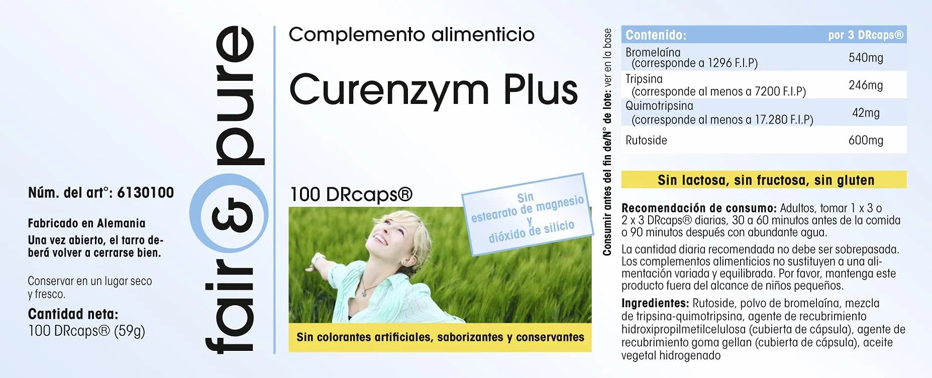 Curenzym Plus - kompleks enzymatyczny o opóźnionym uwalnianiu - bez stearynianu magnezu - 100 kapsułek DRCaps - zawiera bromelinę - trypsynę - chymotrypsynę i rutozyd (rutynę)