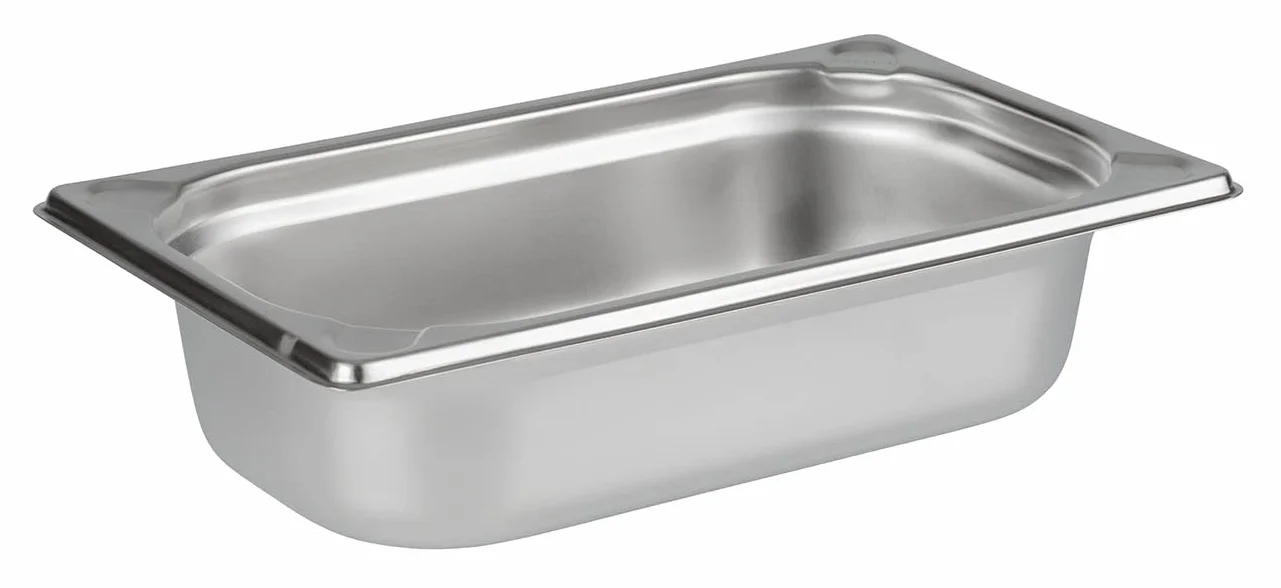 APS GN zestaw pojemników, 4-częściowy stal szlachetna składa się z: - 1 GN 1/2, 4 litry 32,5 x 26,5 cm, głębokość: 65 mm - 2 GN 1/4, 1,8 litra 26,4 x 16,2 cm, głębokość: 65 5 mm - 1 Adapter