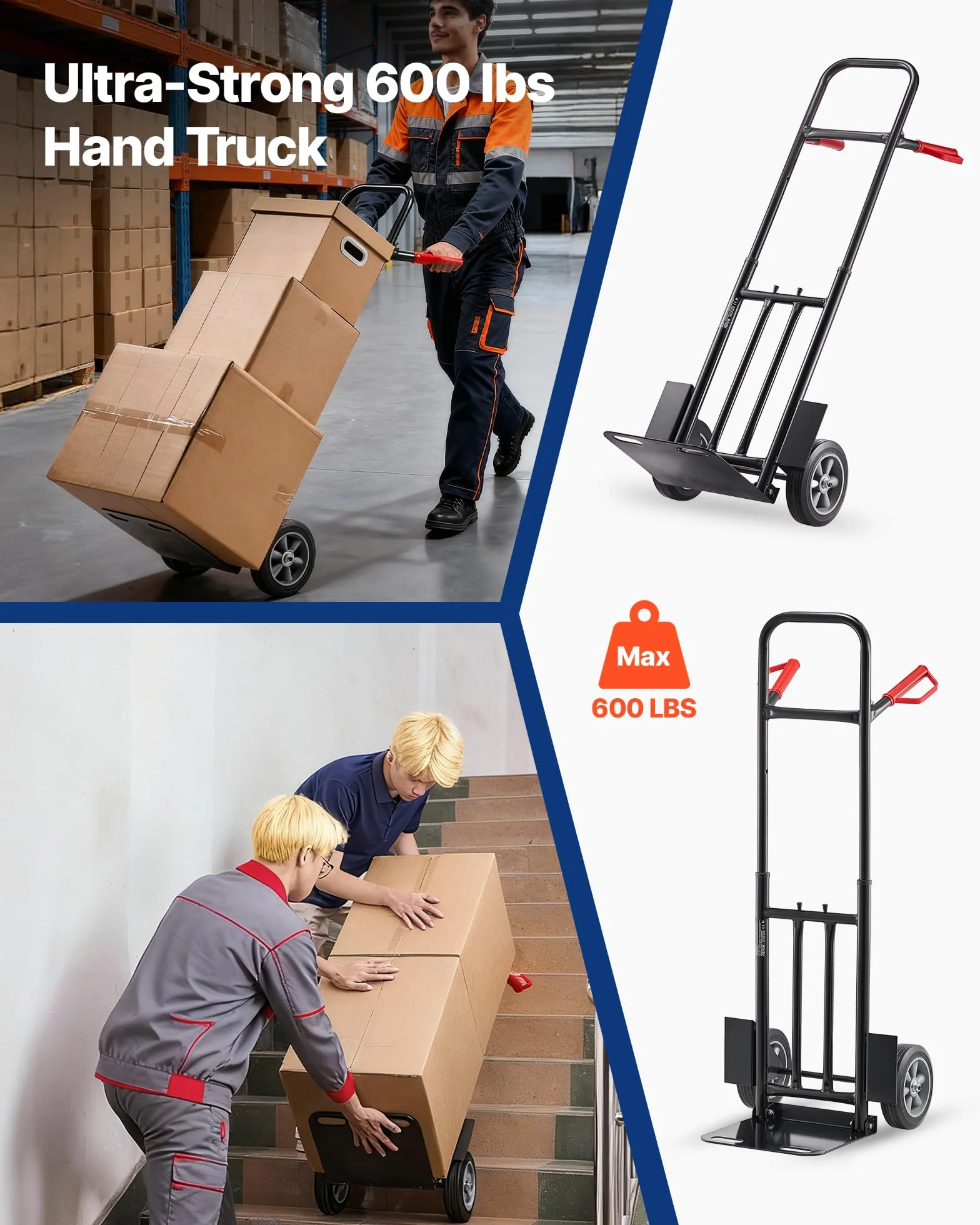 VEVOR Wózek transportowy, udźwig 600 kg, ciężki wózek transportowy z kółkami i uchwytem teleskopowym, przenośny wózek z paskiem mocującym do przeprowadzki, biura, magazynu, supermarketu