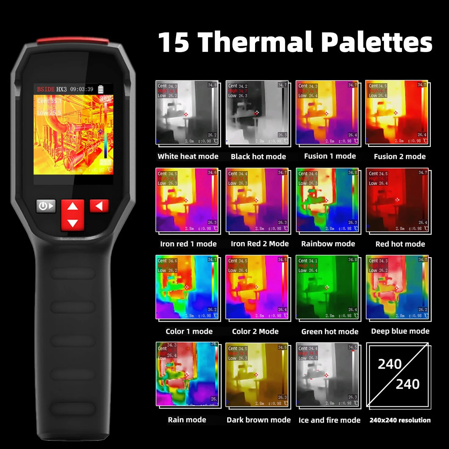 BSIDE HX3 Przenośna kamera termowizyjna 240 x 240 o wysokiej rozdzielczości 25 Hz -20-550 ℃ Akumulator na podczerwień z 15 paletami kolorów do wycieku wody HVAC Elektronika Budowa